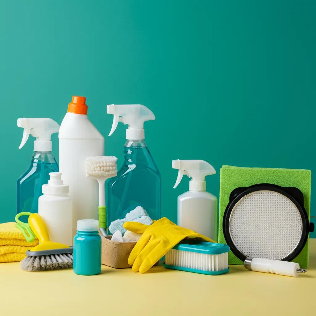 Eco-friendly cleaning products and tools arranged on a clean surface