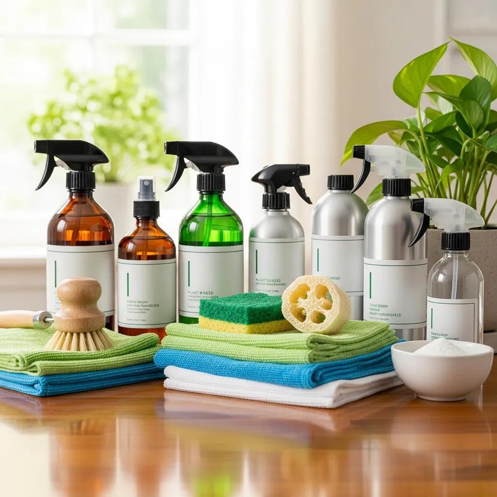 Eco-friendly cleaning products and tools in a clean environment