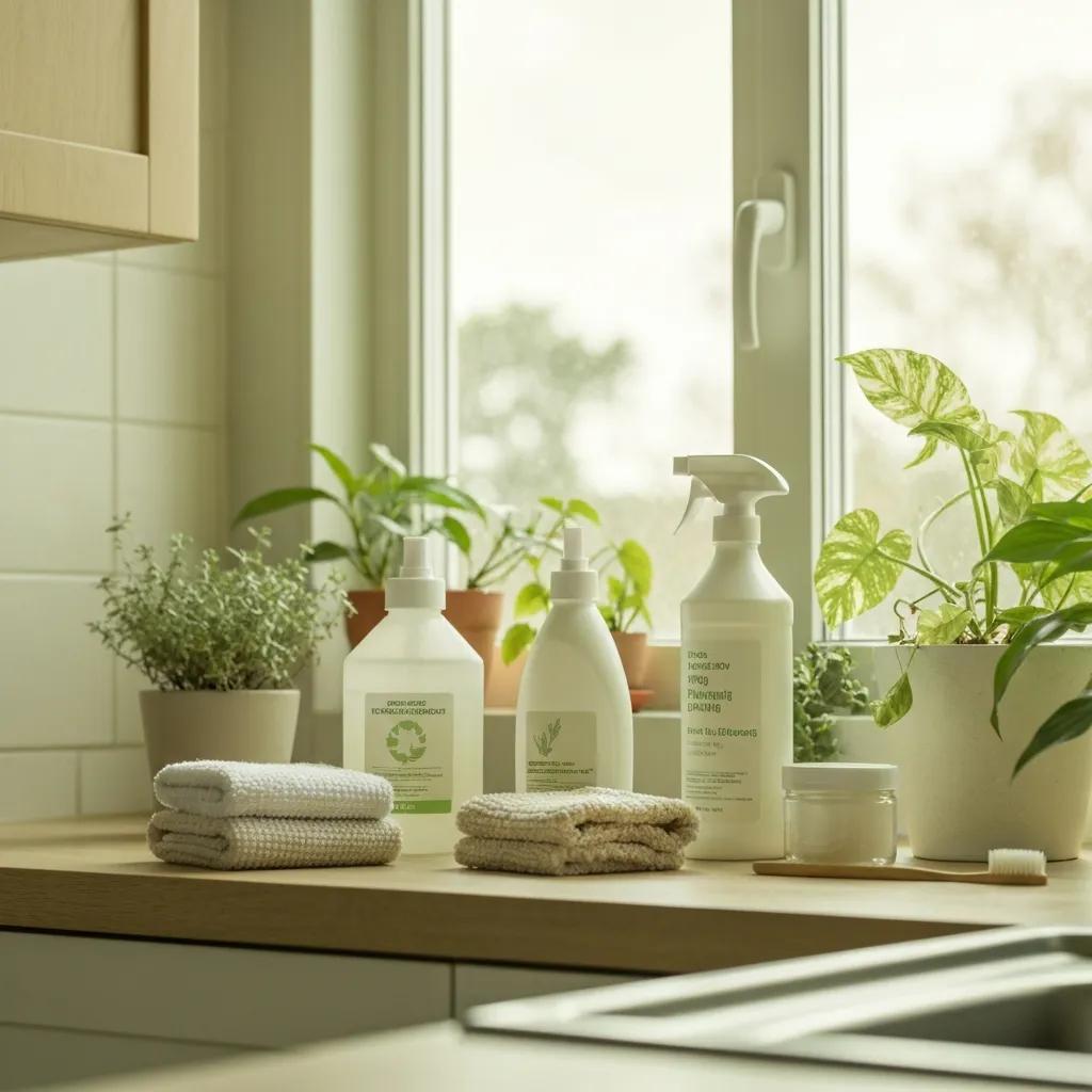 Green cleaning products on a bright kitchen counter