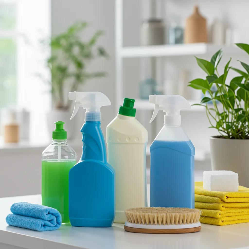 Eco-friendly cleaning products staged in a clean home to promote healthier indoor air