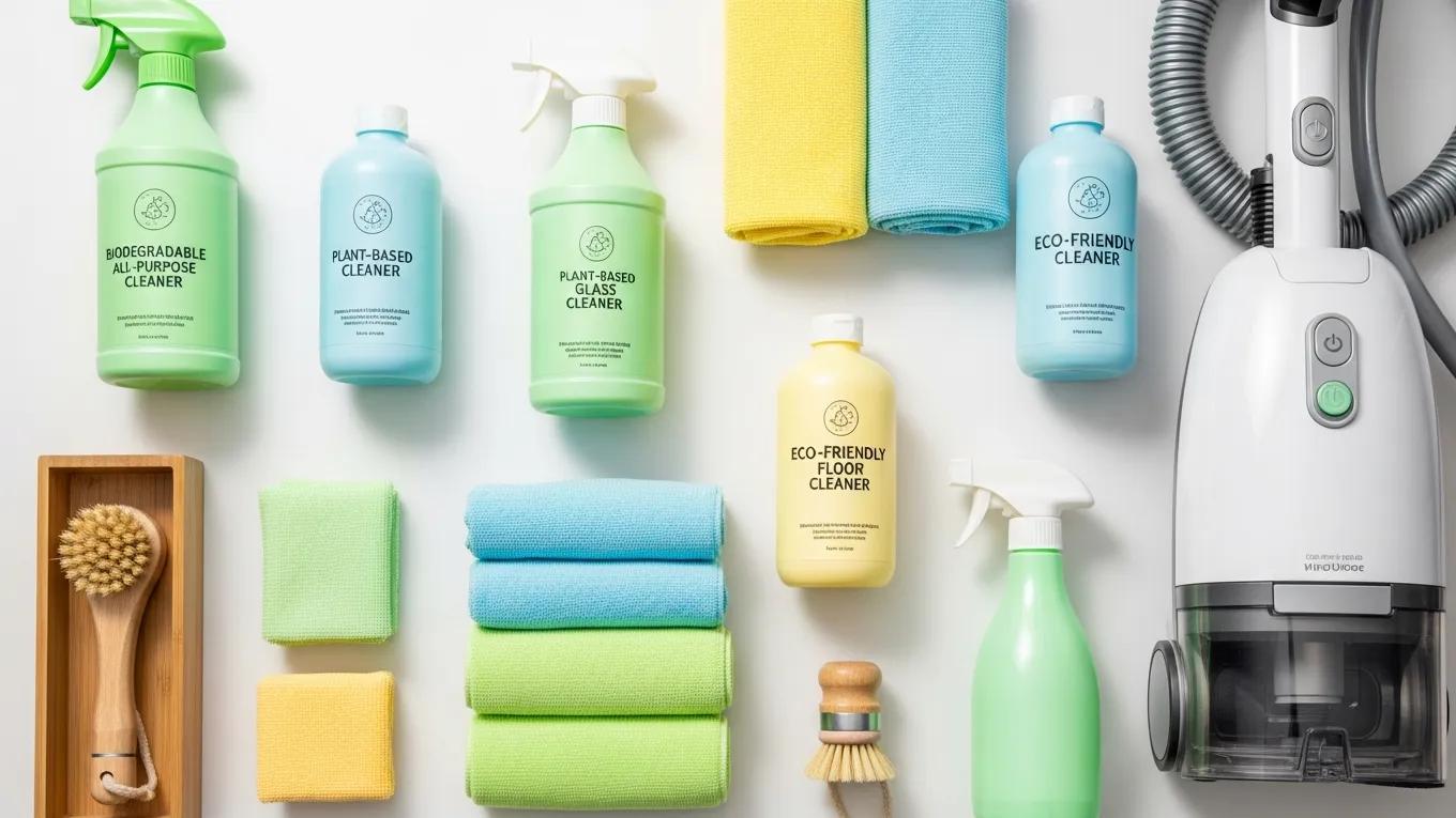 Eco-friendly cleaning supplies including biodegradable cleaners and microfiber cloths