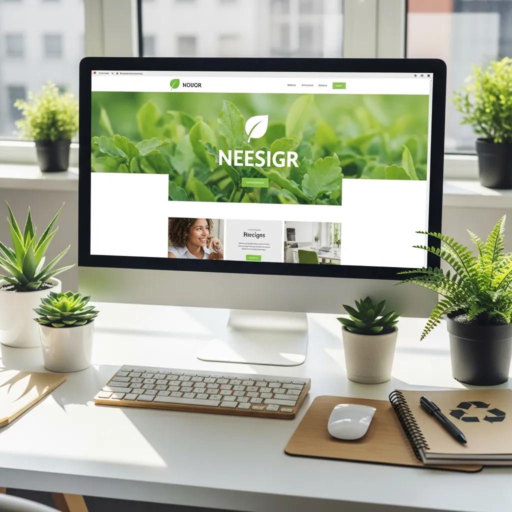 Eco-friendly web design elements with plants and natural materials emphasizing sustainability