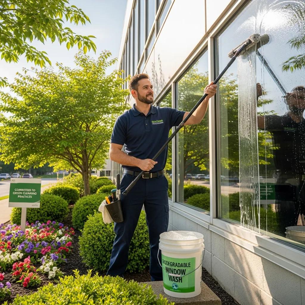 Eco-friendly window cleaning practices with biodegradable solutions in a green environment
