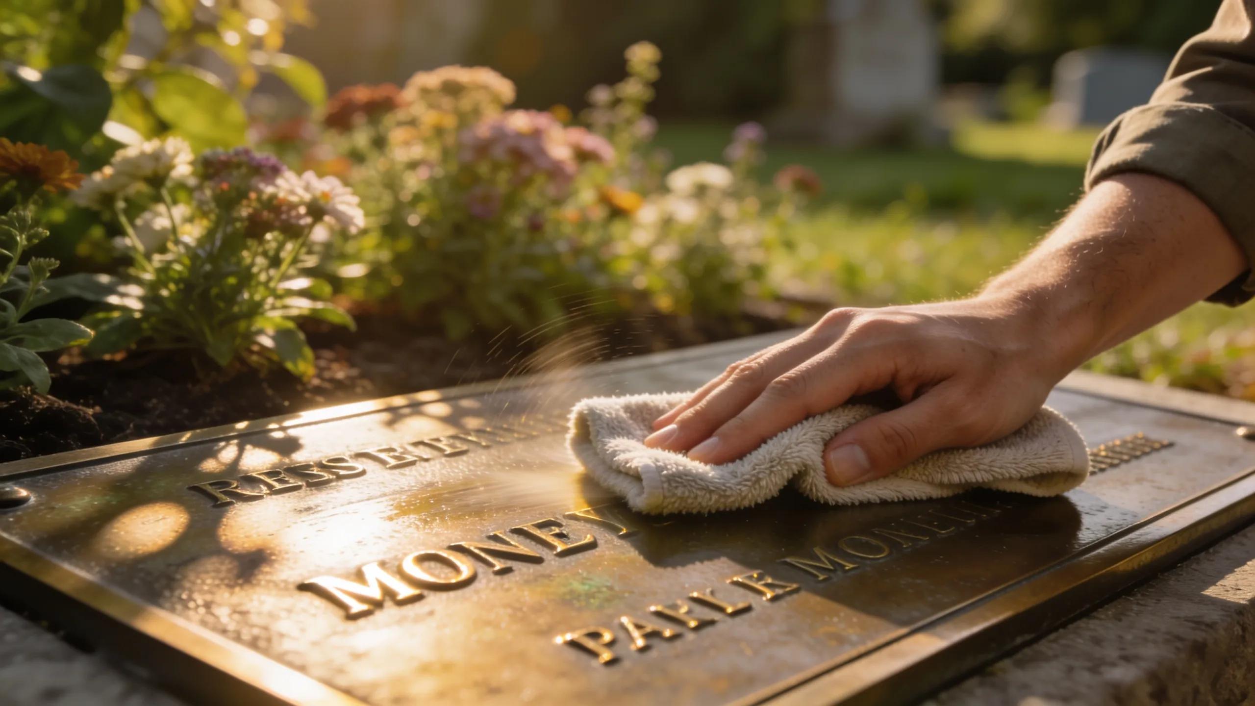 Person cleaning a bronze memorial plaque in a garden to emphasize maintenance practices for longevity