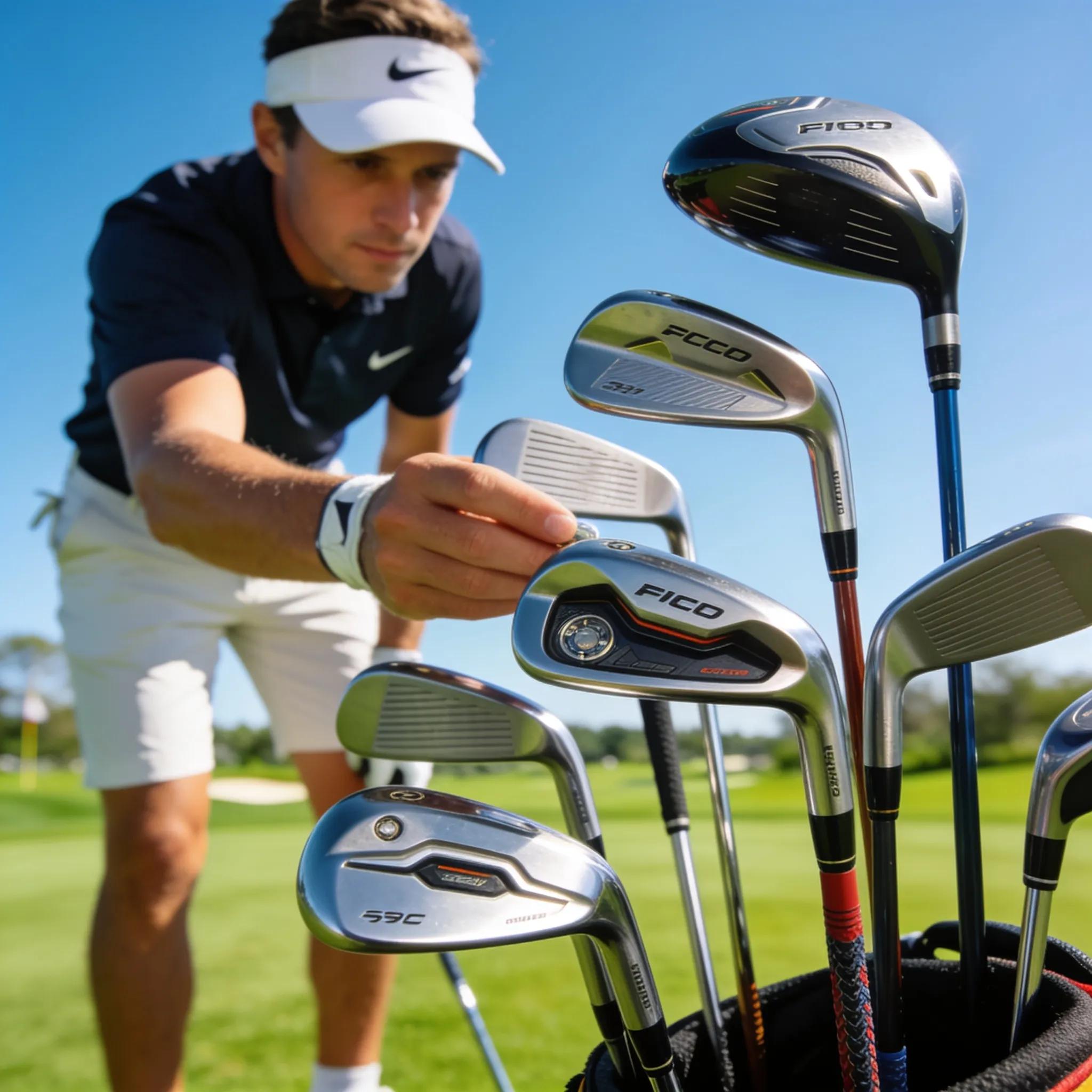 Golfer selecting from various types of golf clubs in a sunny golf course setting