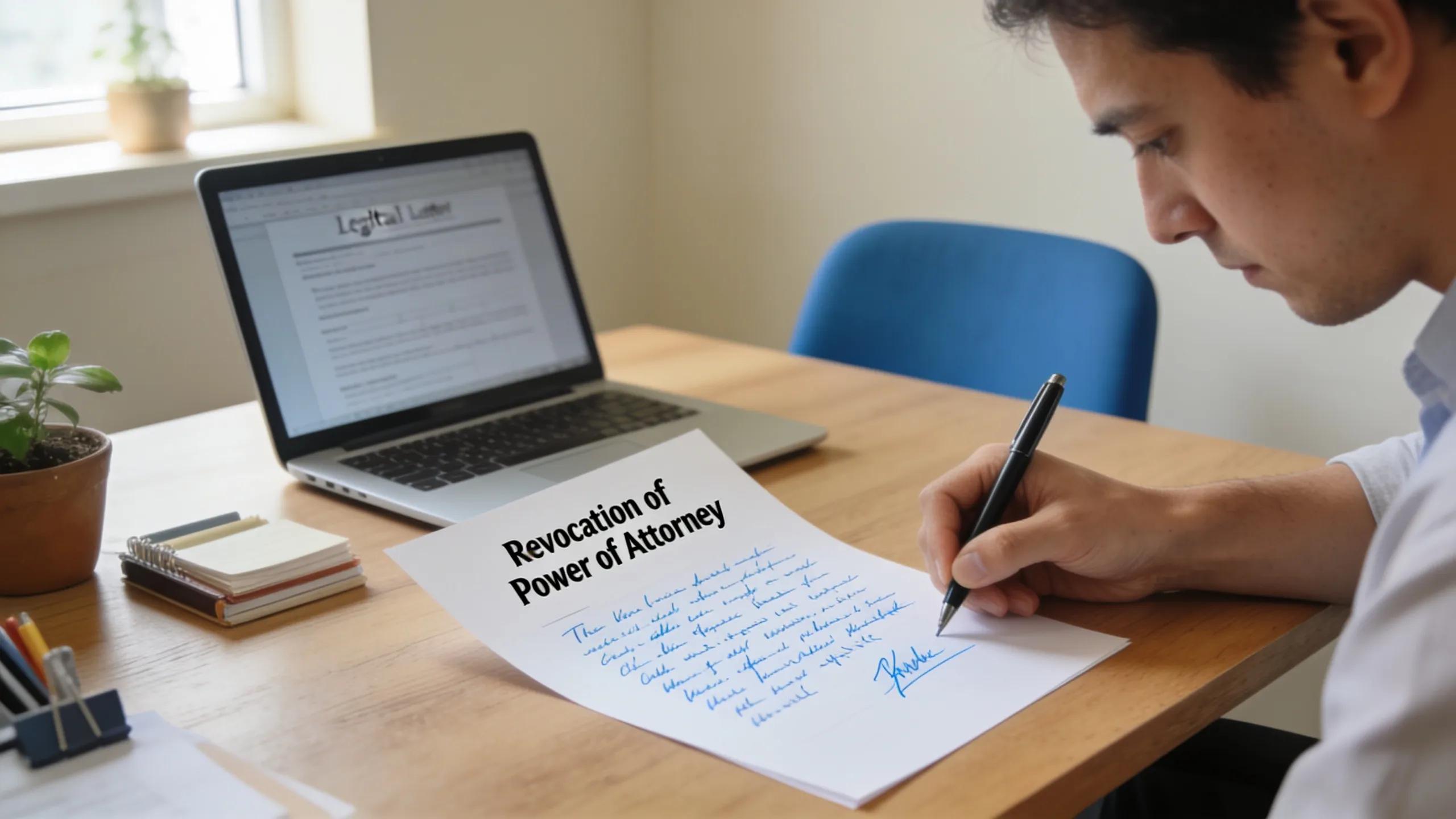 Individual drafting a revocation letter for Power of Attorney in a calm environment