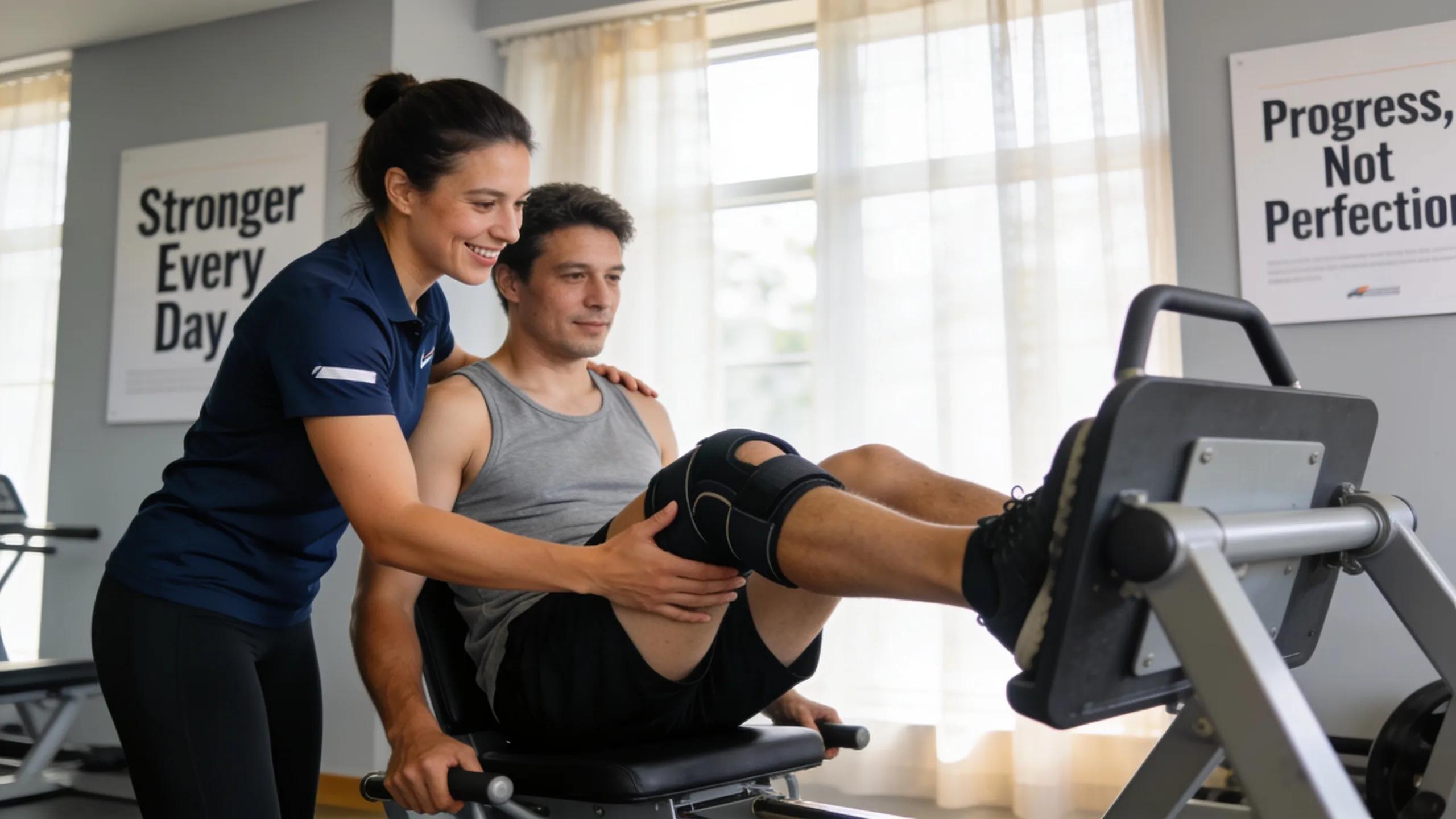 Client participating in rehabilitation exercises with trainer support in a fitness environment