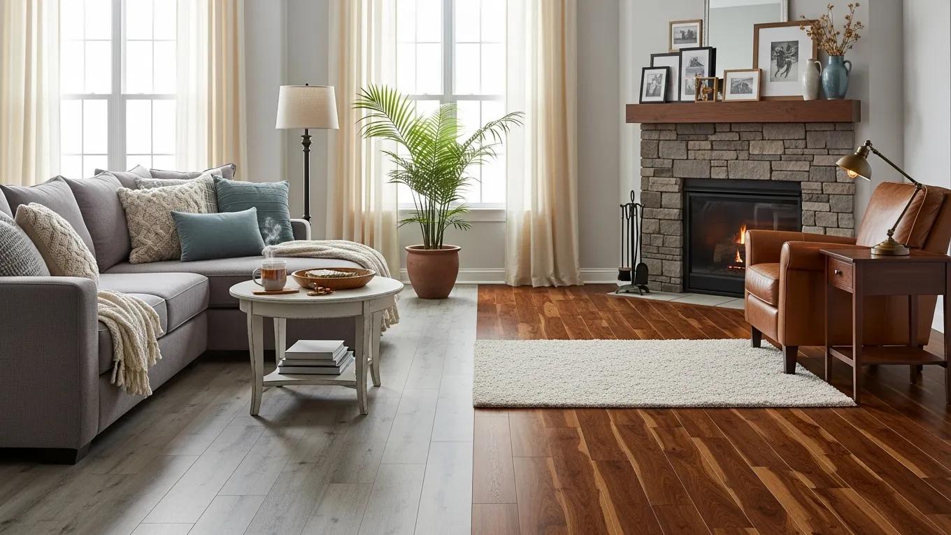 Living room interior showcasing Luxury Vinyl Plank (LVP) flooring on the left and hardwood flooring on the right, featuring a cozy couch, coffee table, and a fireplace, highlighting aesthetic and functional differences in flooring options.