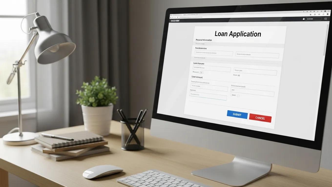 Computer screen displaying a loan application form for fast online loans, with a desk lamp and potted plant in a modern workspace setting.