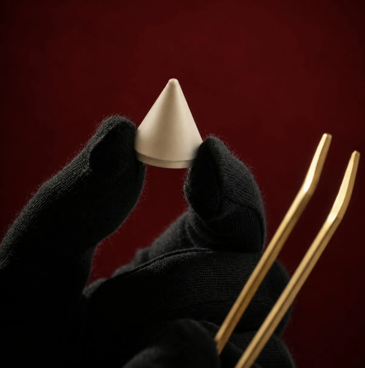 Black-gloved hands holding a cream Thorns component against a dark red background