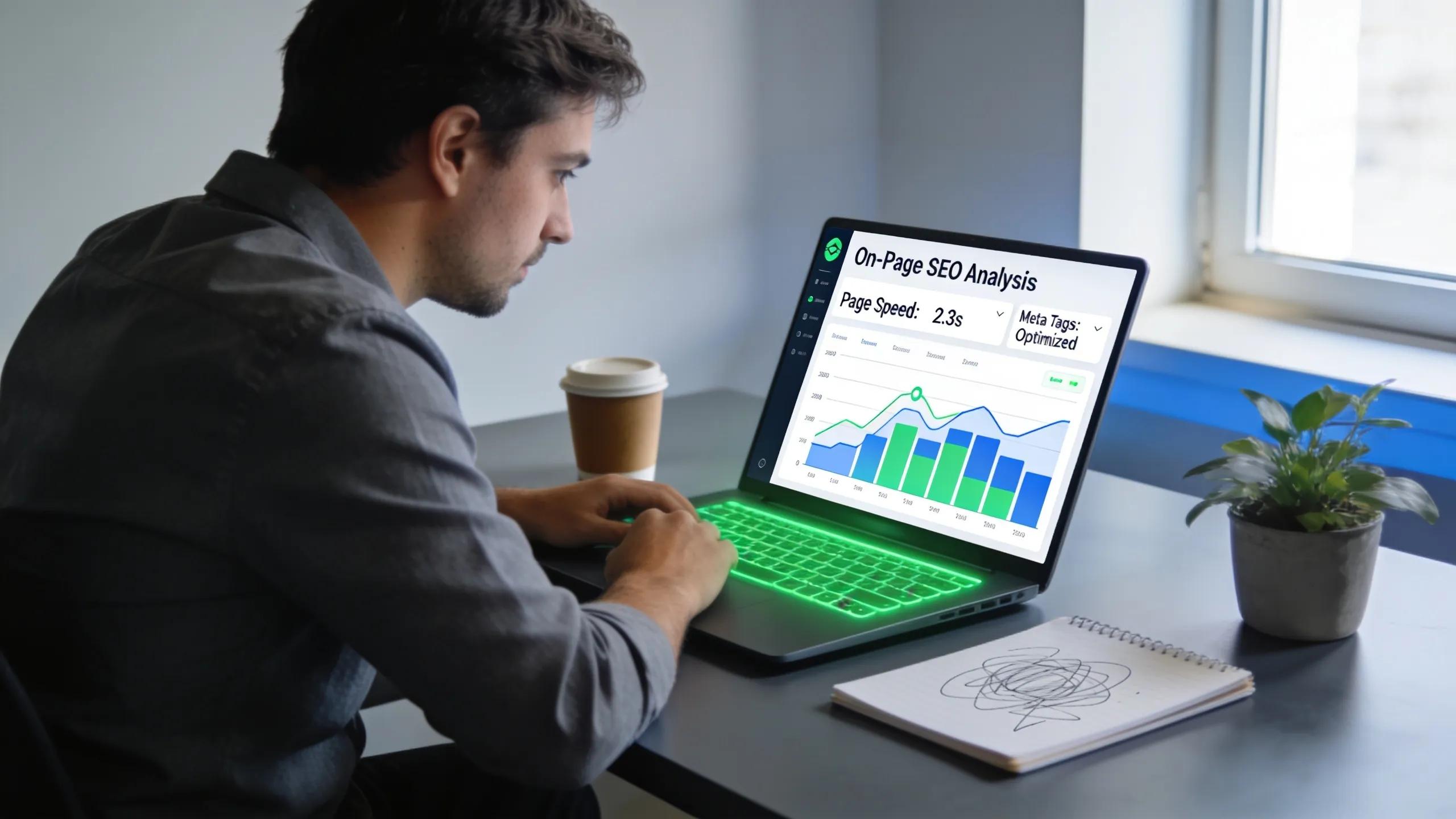 Person analyzing website performance for on-page SEO in a modern workspace Person analyzing website performance for on-page SEO in a modern workspace