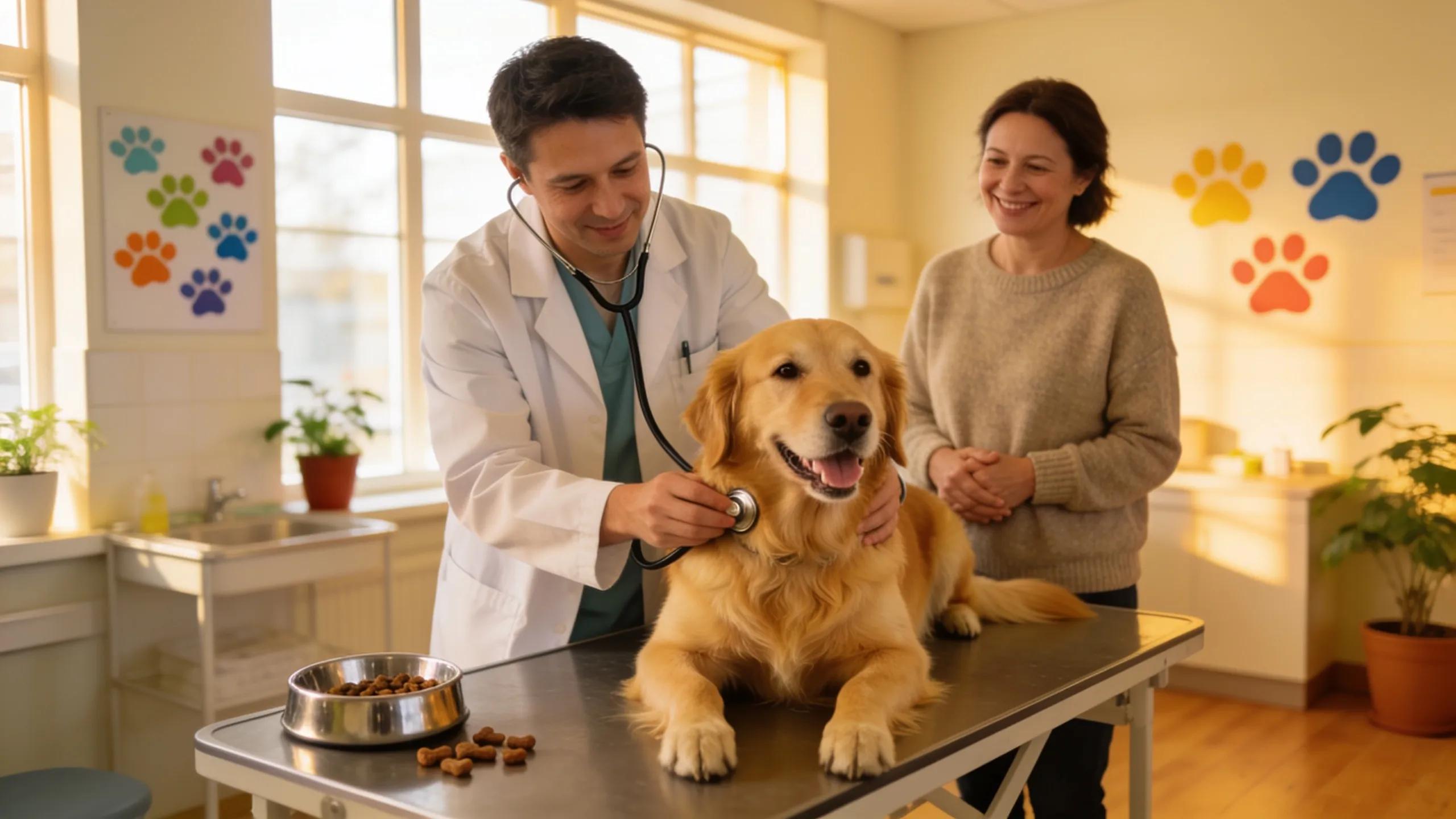 Veterinarian examining a dog in a welcoming veterinary clinic, highlighting compassionate care