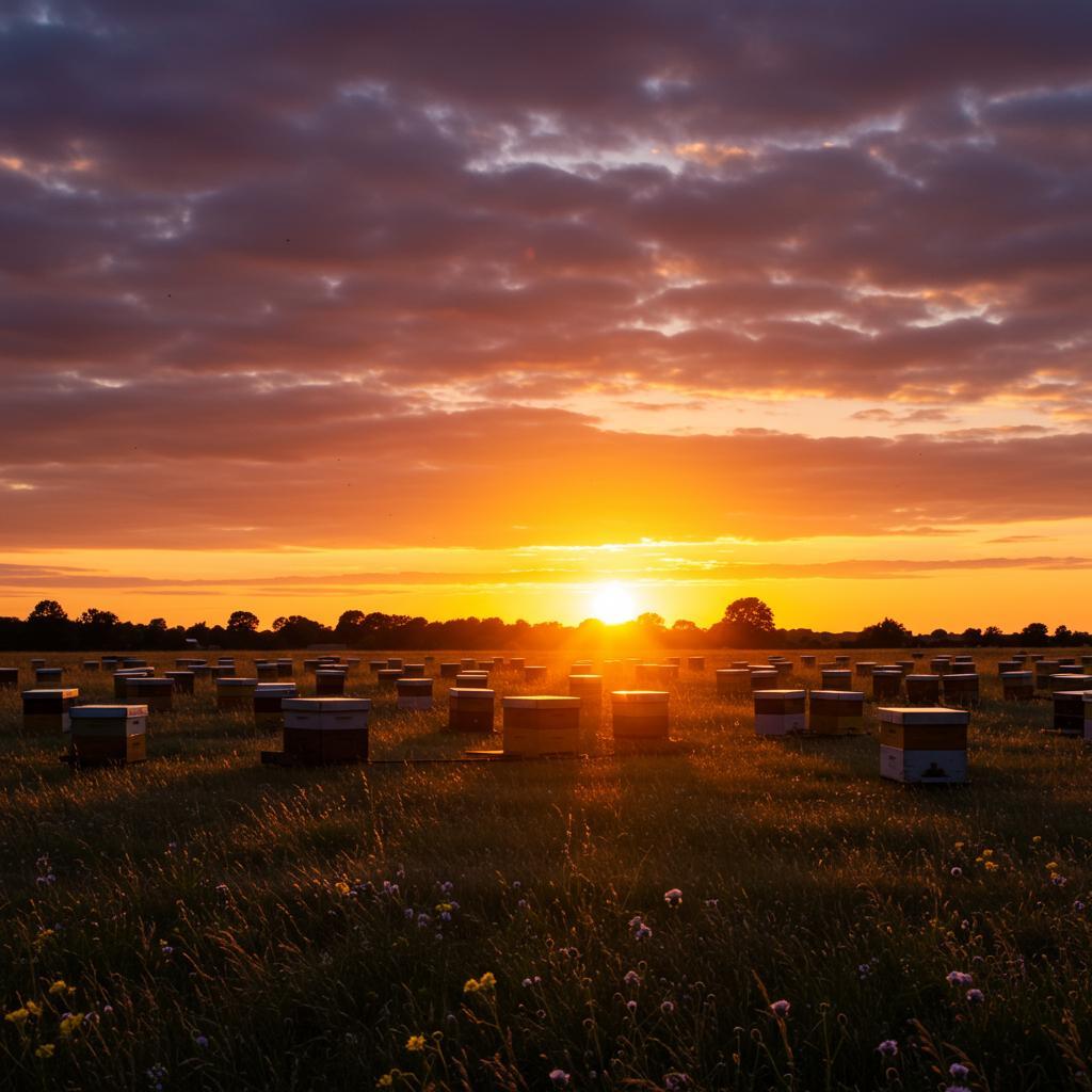 Beekeeper tending to beehives in a lush field, showcasing sustainable beekeeping practices