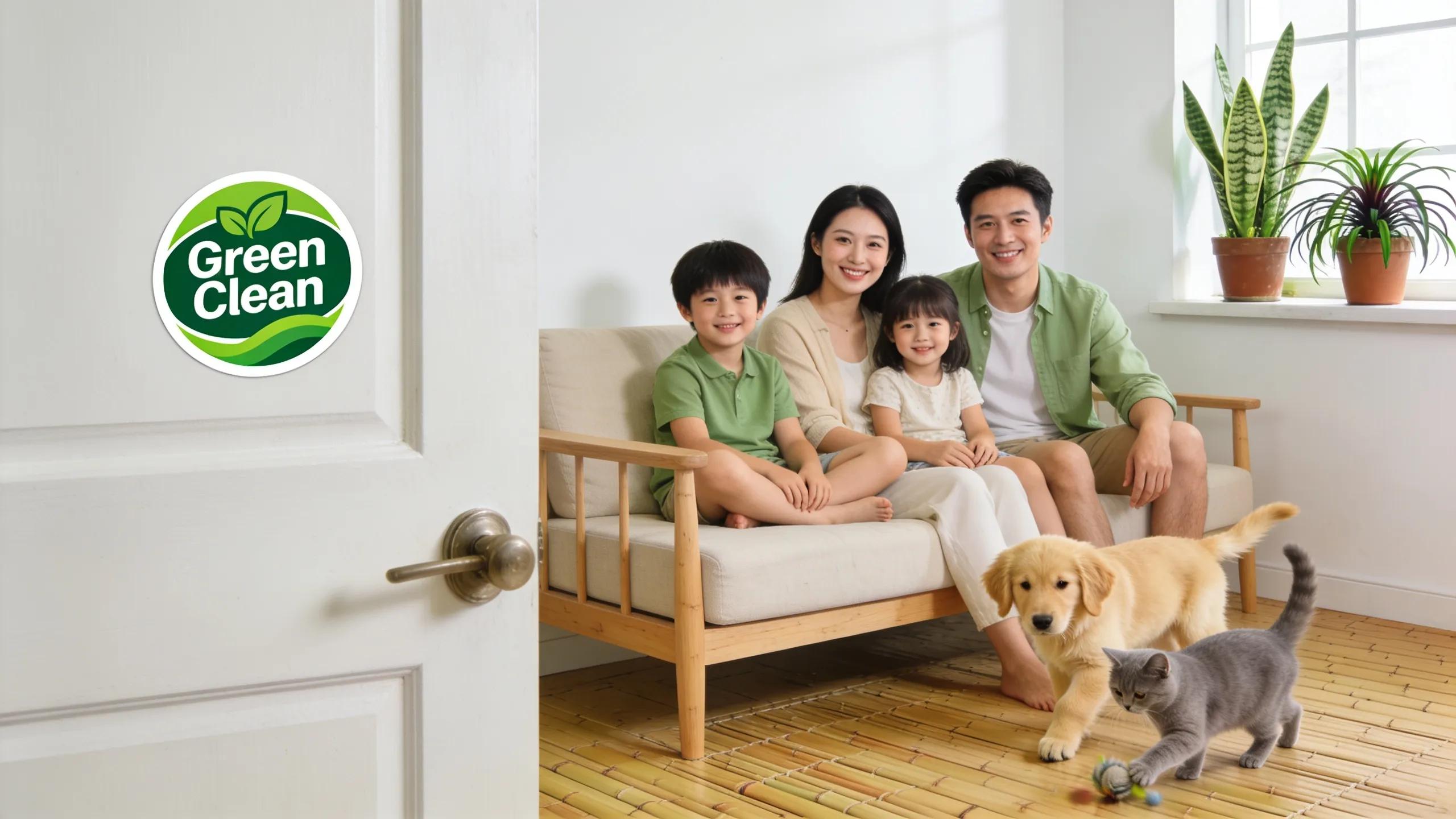 Family enjoying a clean and healthy living room, highlighting the benefits of eco-friendly cleaning solutions