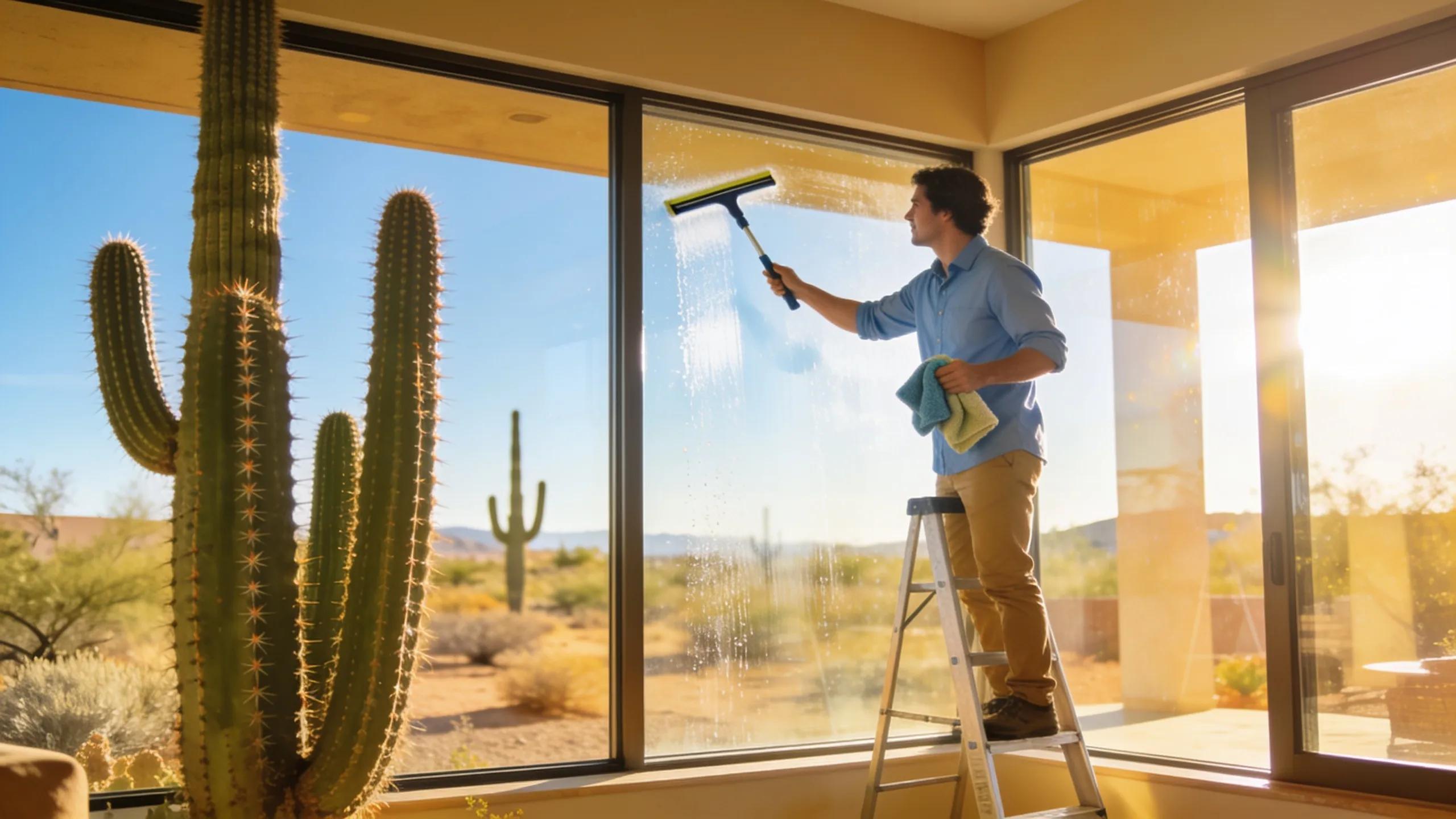 Person cleaning large windows in a sunny Phoenix environment, showcasing techniques for streak-free results