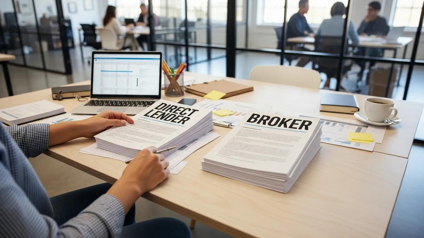 Person comparing loan documents from a direct lender and a broker in a modern workspace