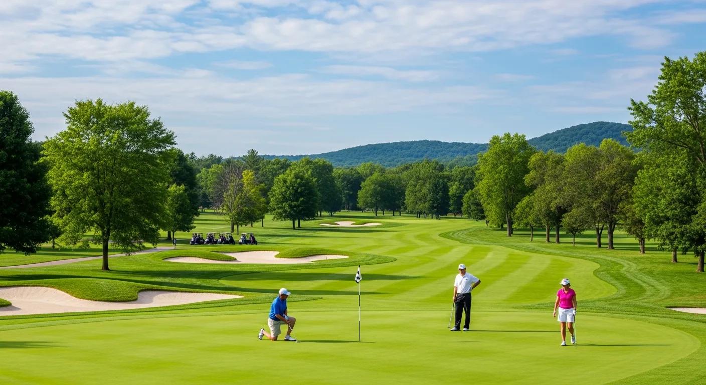 A well-kept public golf course in Michigan with players on the green and manicured fairways A well-kept public golf course in Michigan with players on the green and manicured fairways