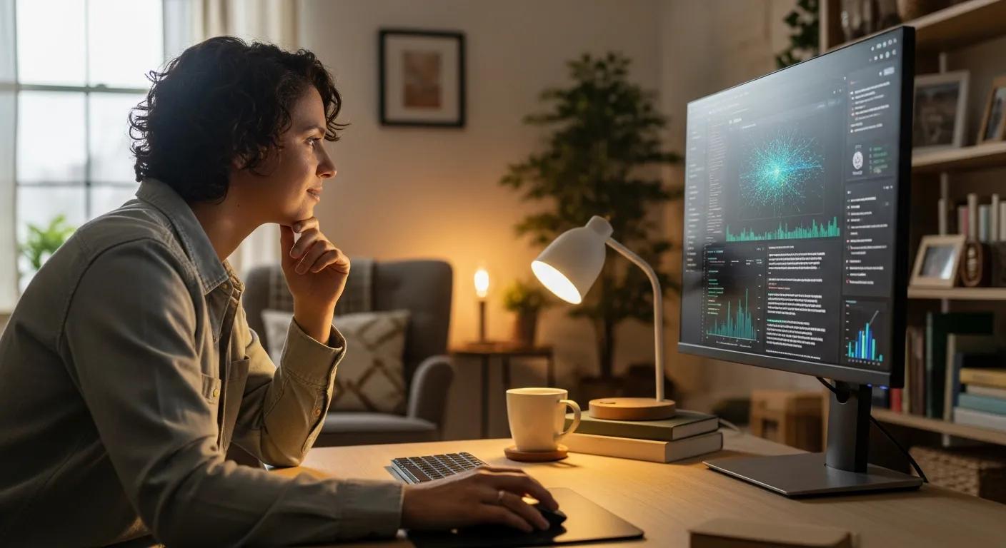 Individual reviewing AI-generated content in a cozy office setting Individual reviewing AI-generated content in a cozy office setting