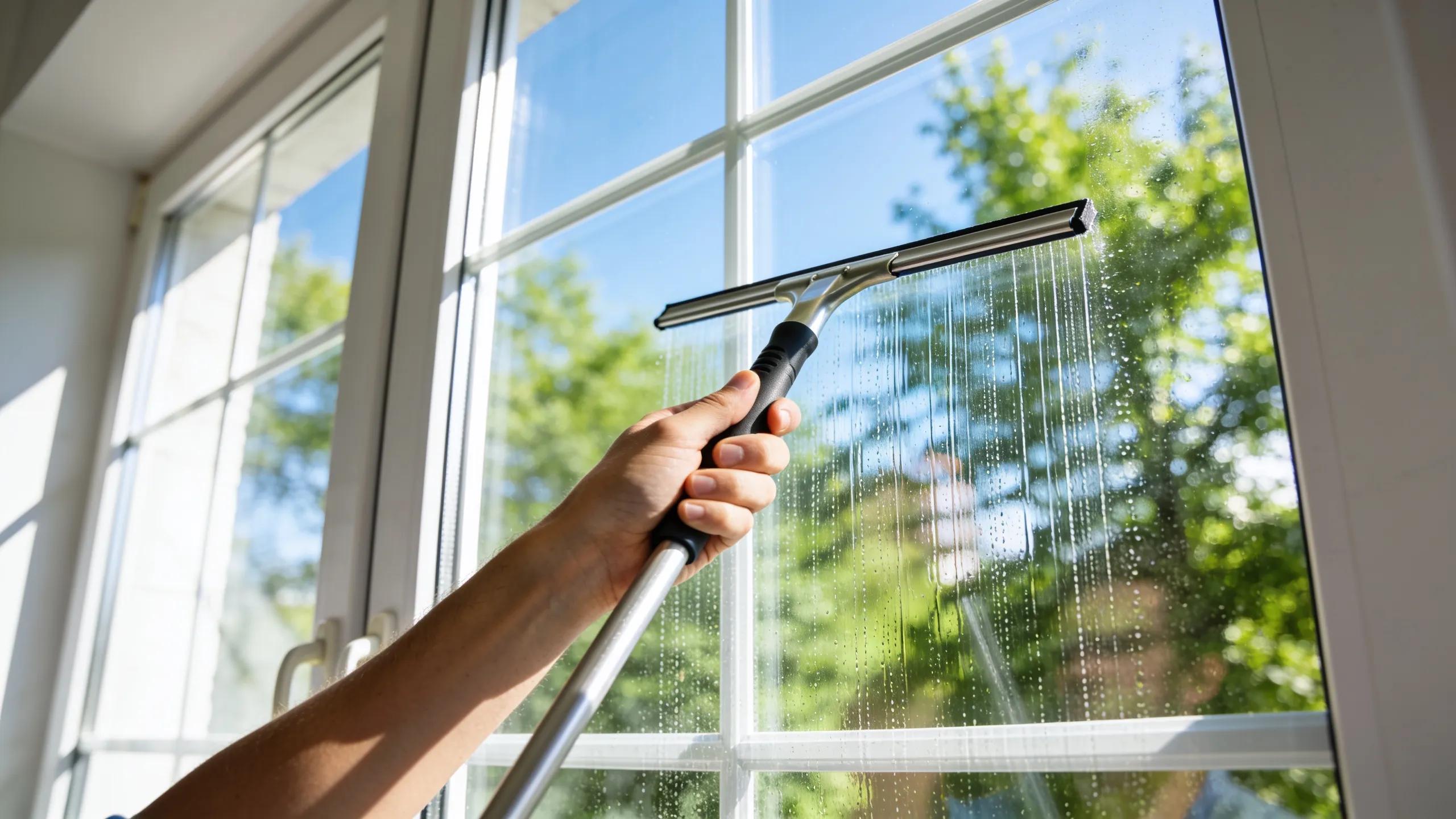 Window cleaning with a squeegee showcasing clarity and proper technique