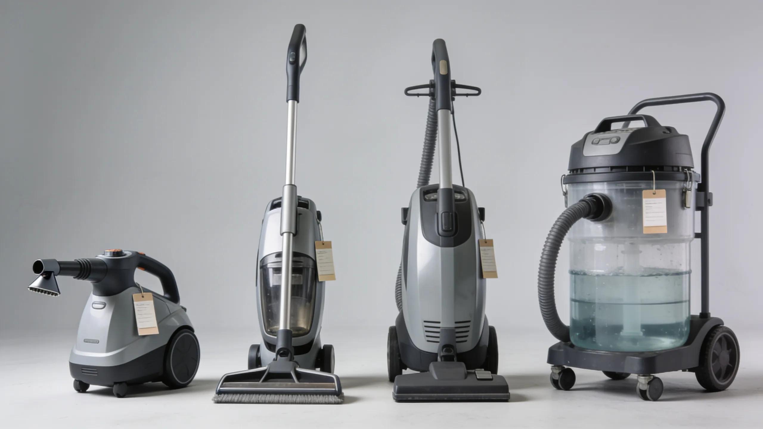 Different models of steam cleaners available for rent, highlighting options for various cleaning needs