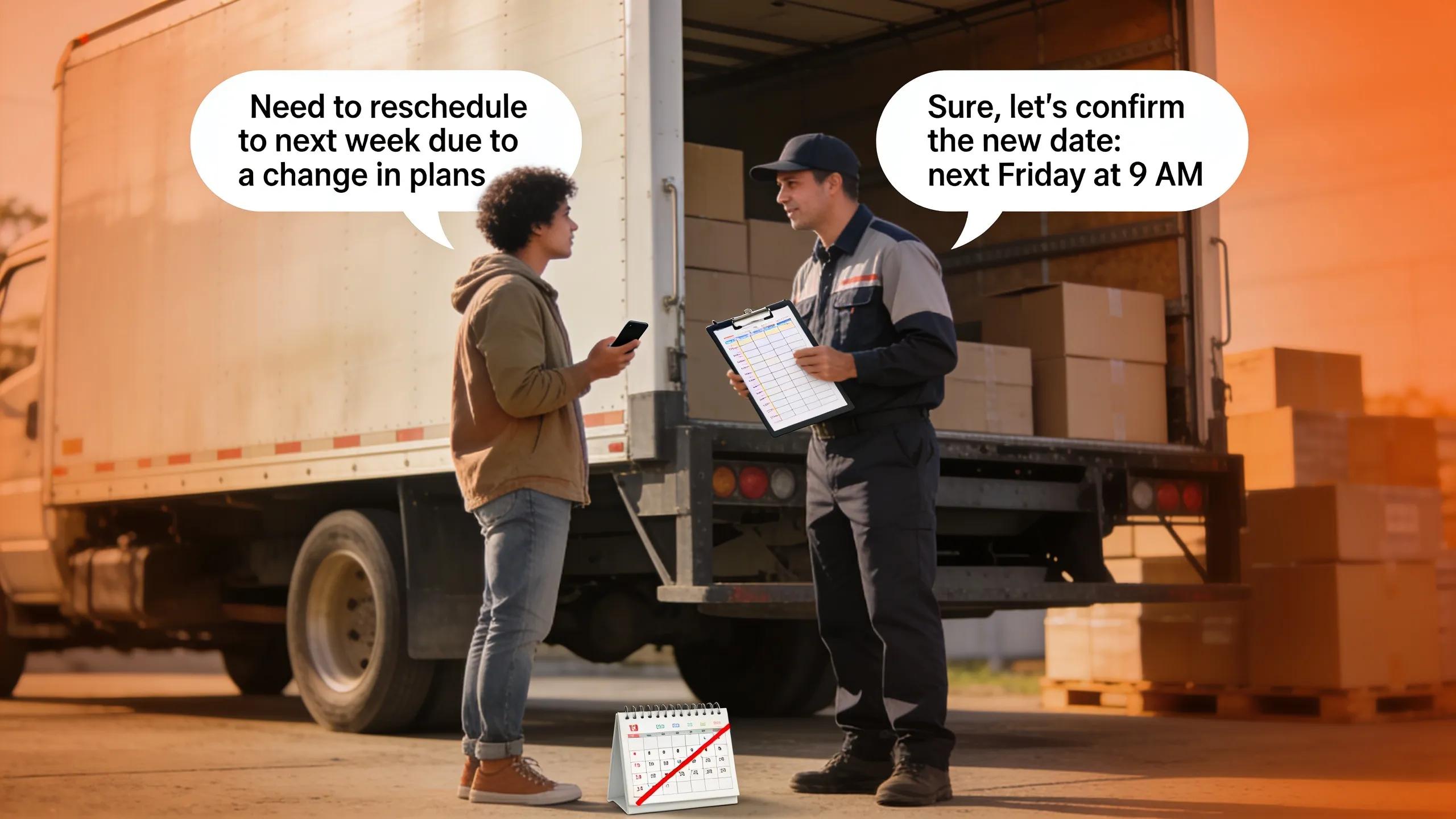 Person communicating with a moving company about rescheduling their move