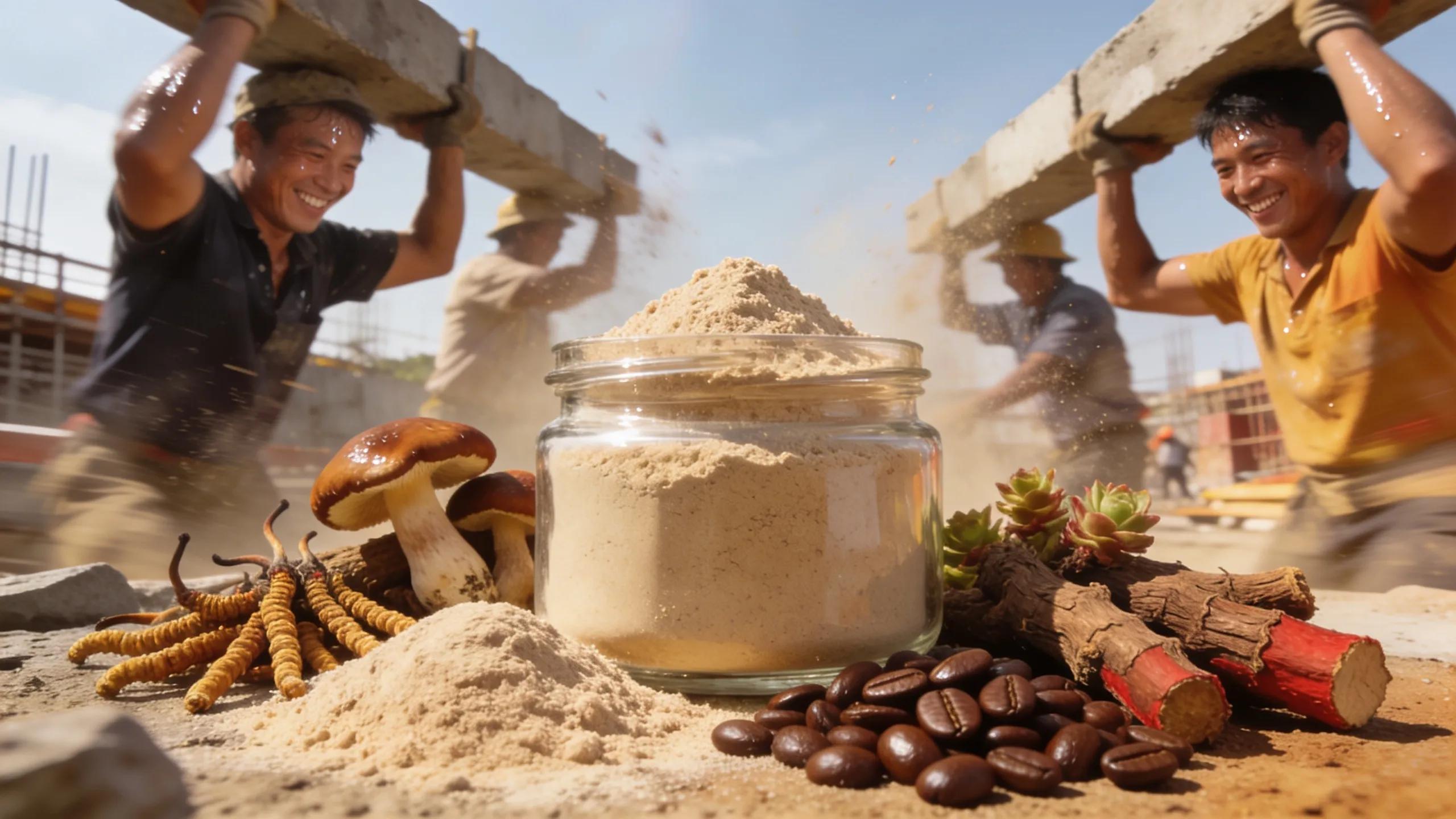 Natural energy boosting powders and ingredients that enhance stamina for laborers in an outdoor setting