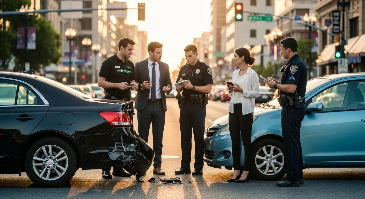 Different parties involved in a rideshare accident discussing liability