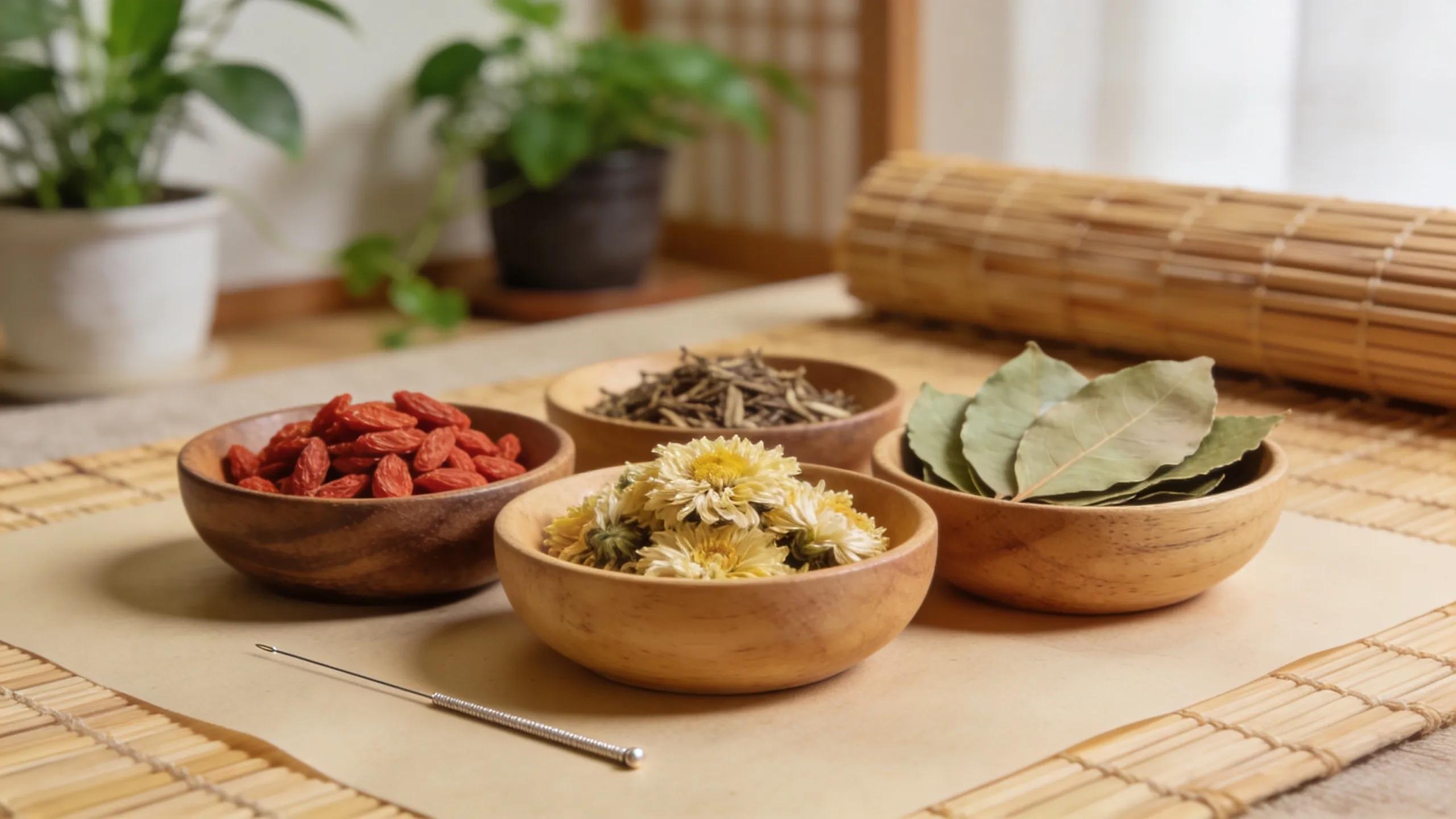 Traditional Chinese medicine ingredients for weight loss in a serene setting