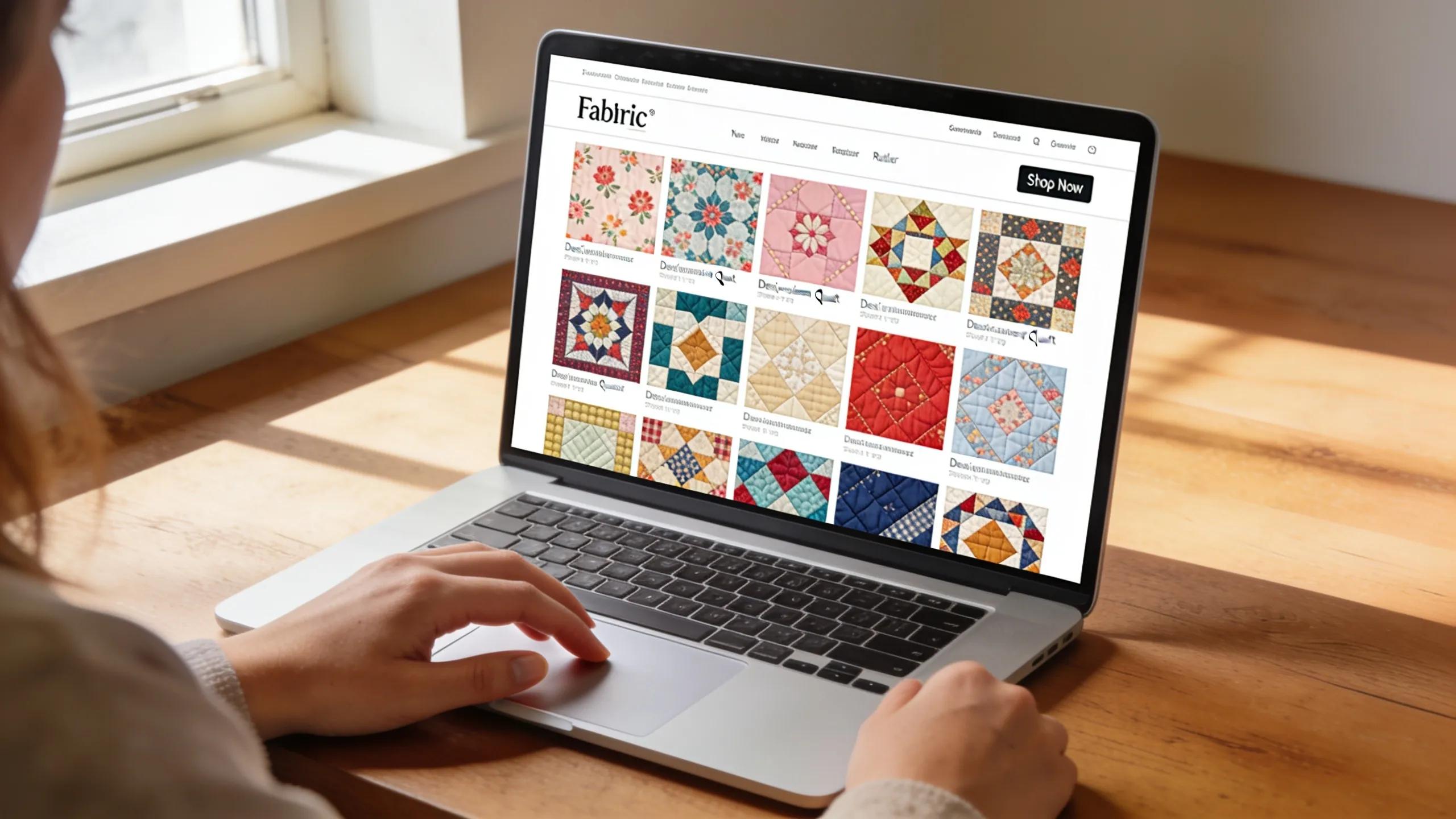 Customer exploring designer quilt fabric options online, emphasizing user experience in fabric shopping