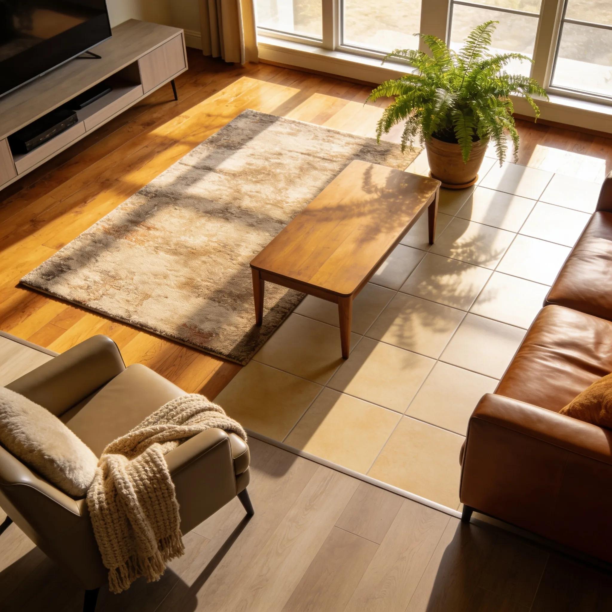 Living room showcasing hardwood, tile, vinyl, and laminate flooring
