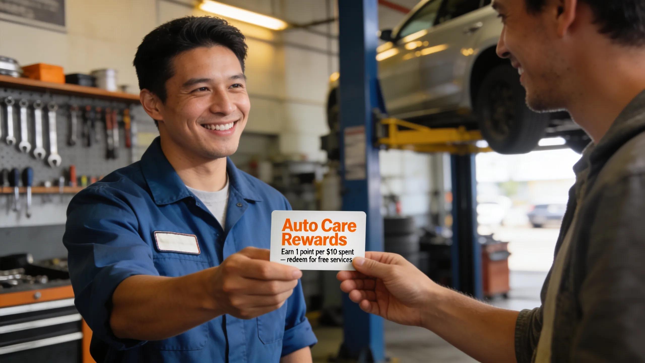 Customer receiving a loyalty program card from a mechanic in an auto repair shop