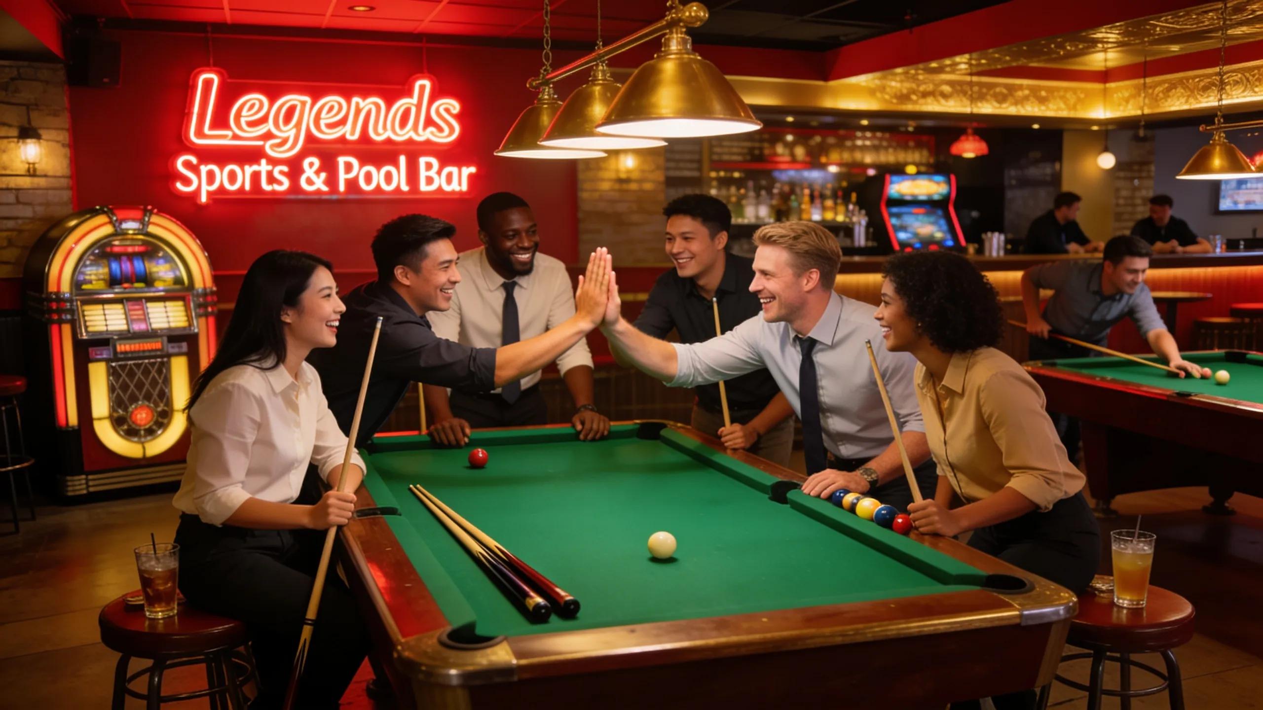 Colleagues engaging in team bonding activities at Legends Sports and Pool Bar in Braintree, Essex, promoting teamwork and collaboration