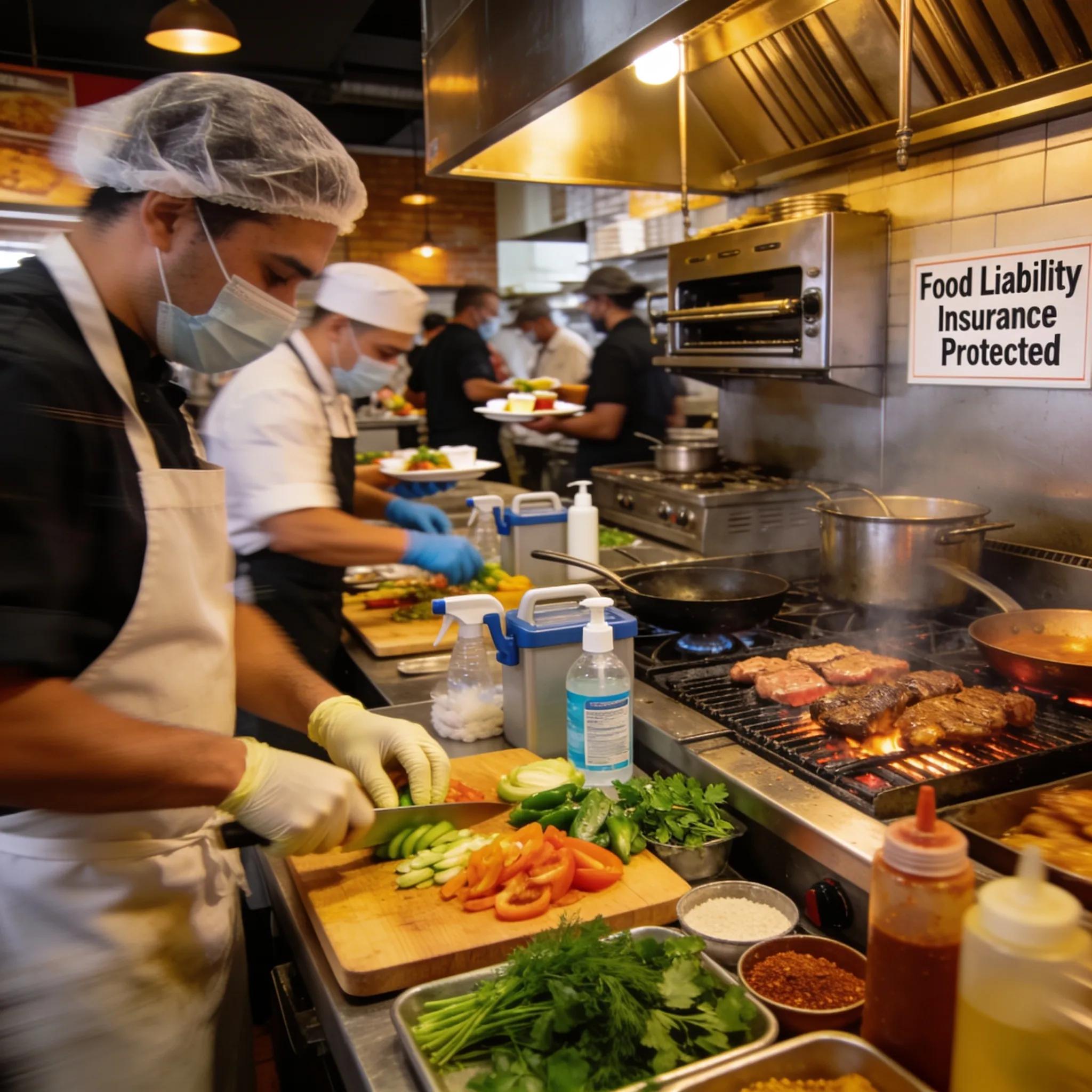 Chefs in a kitchen preparing food safely, highlighting the need for food liability insurance in Plano restaurants