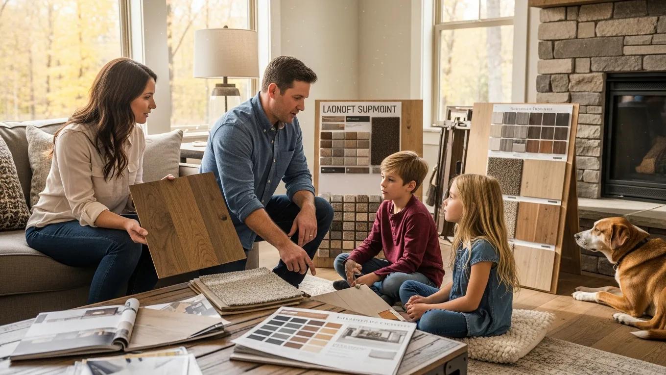 Family discussing flooring options with samples in a cozy living room, showcasing various material choices for a home renovation project.
