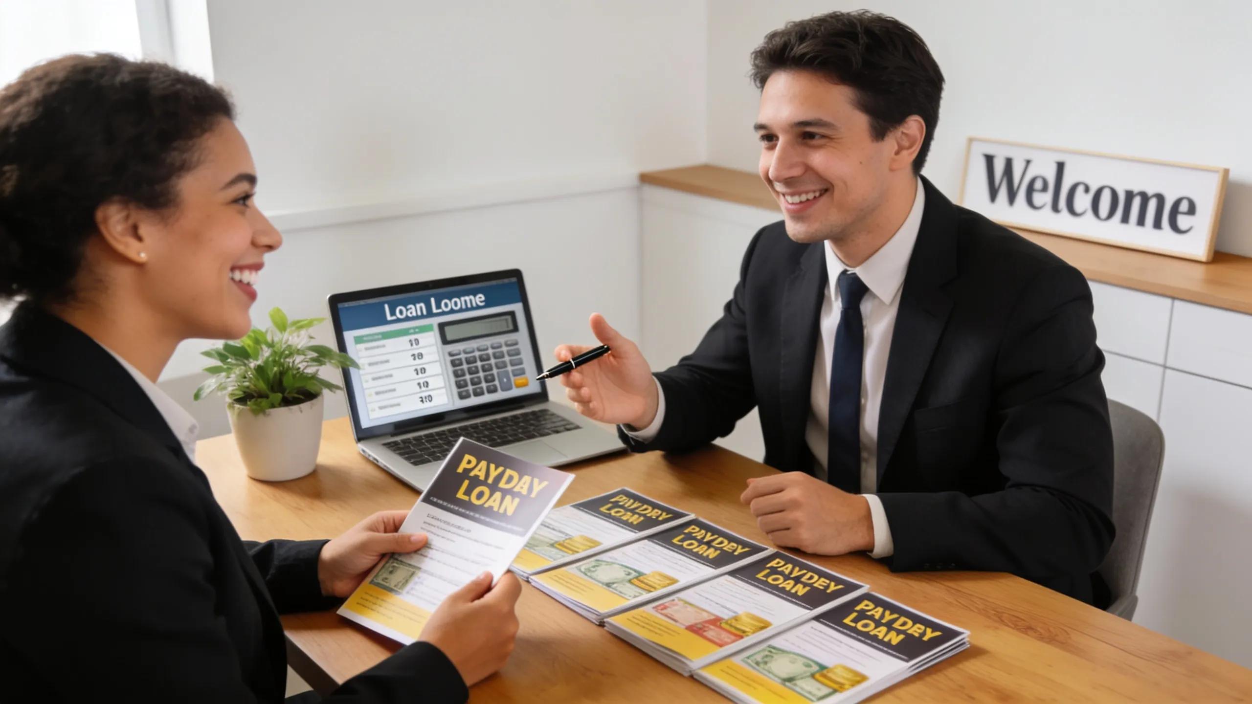 Person consulting with a loan officer in a modern office, highlighting the supportive environment of payday loan services