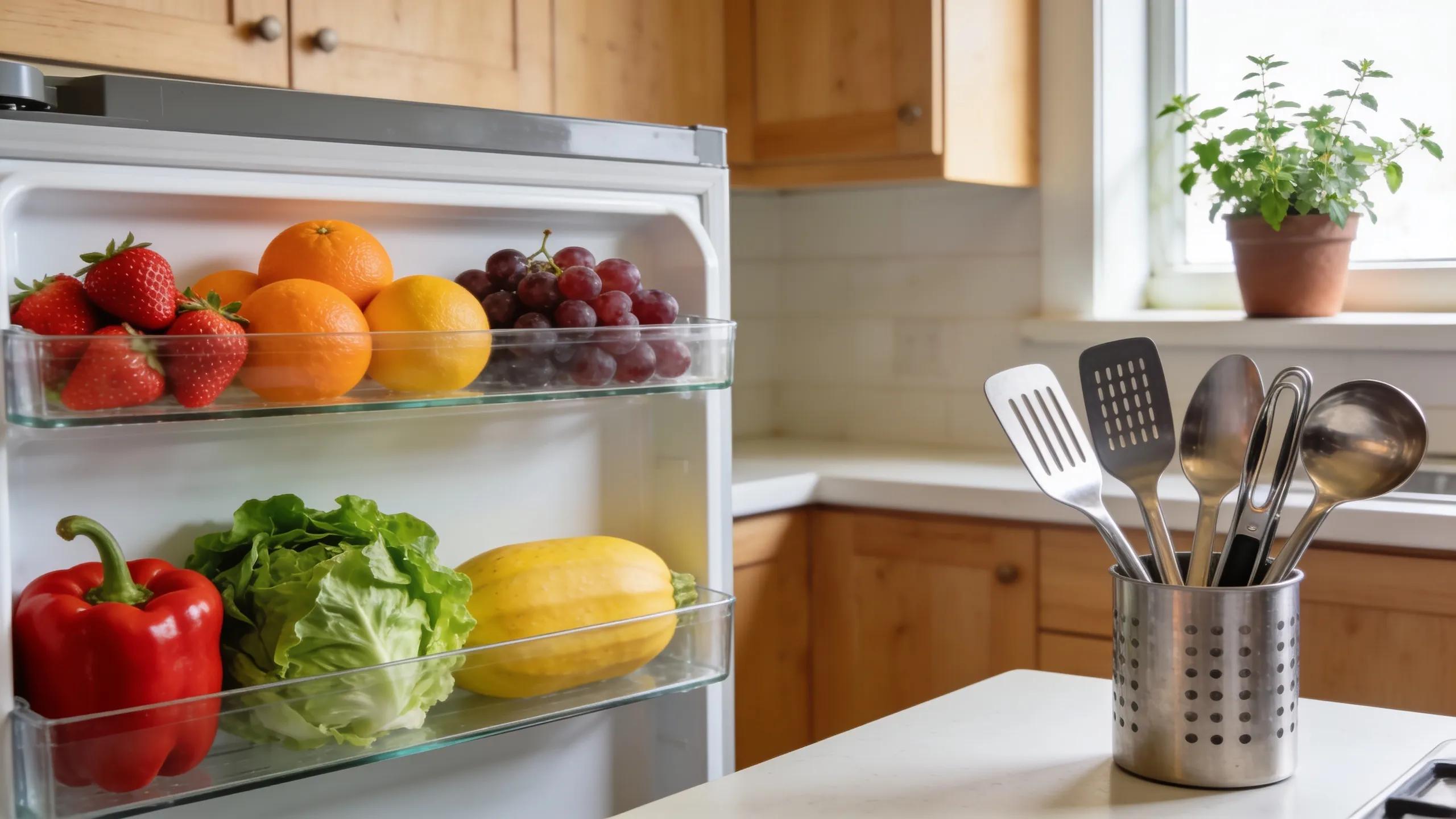 Modern refrigerator with fresh produce in a well-organized kitchen
