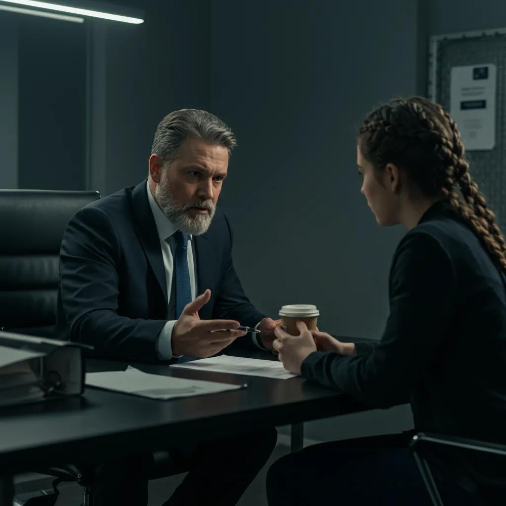 Private investigator discussing case details with a client in a secure office