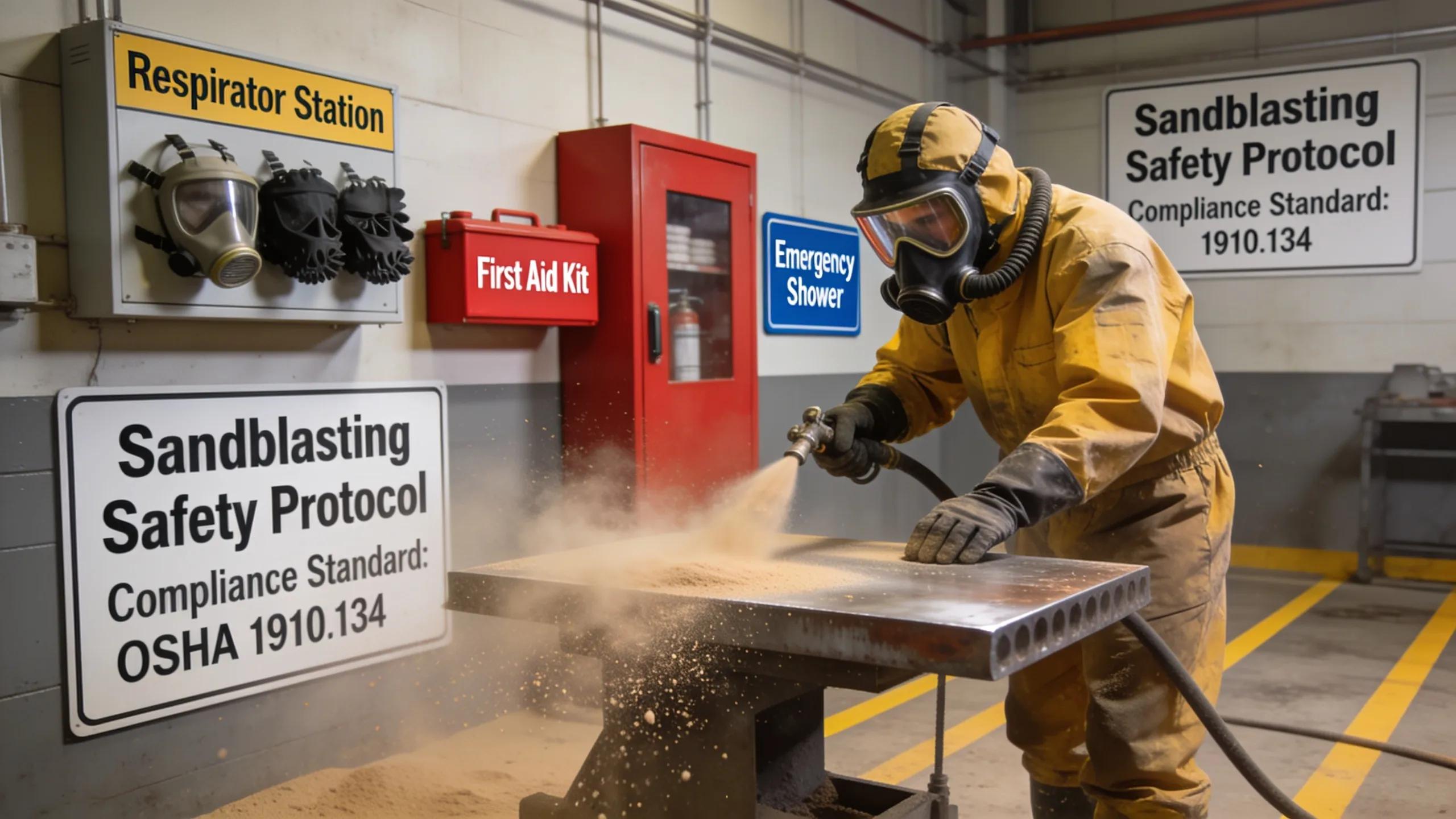 Worker following safety standards in sandblasting with PPE and proper precautions in place