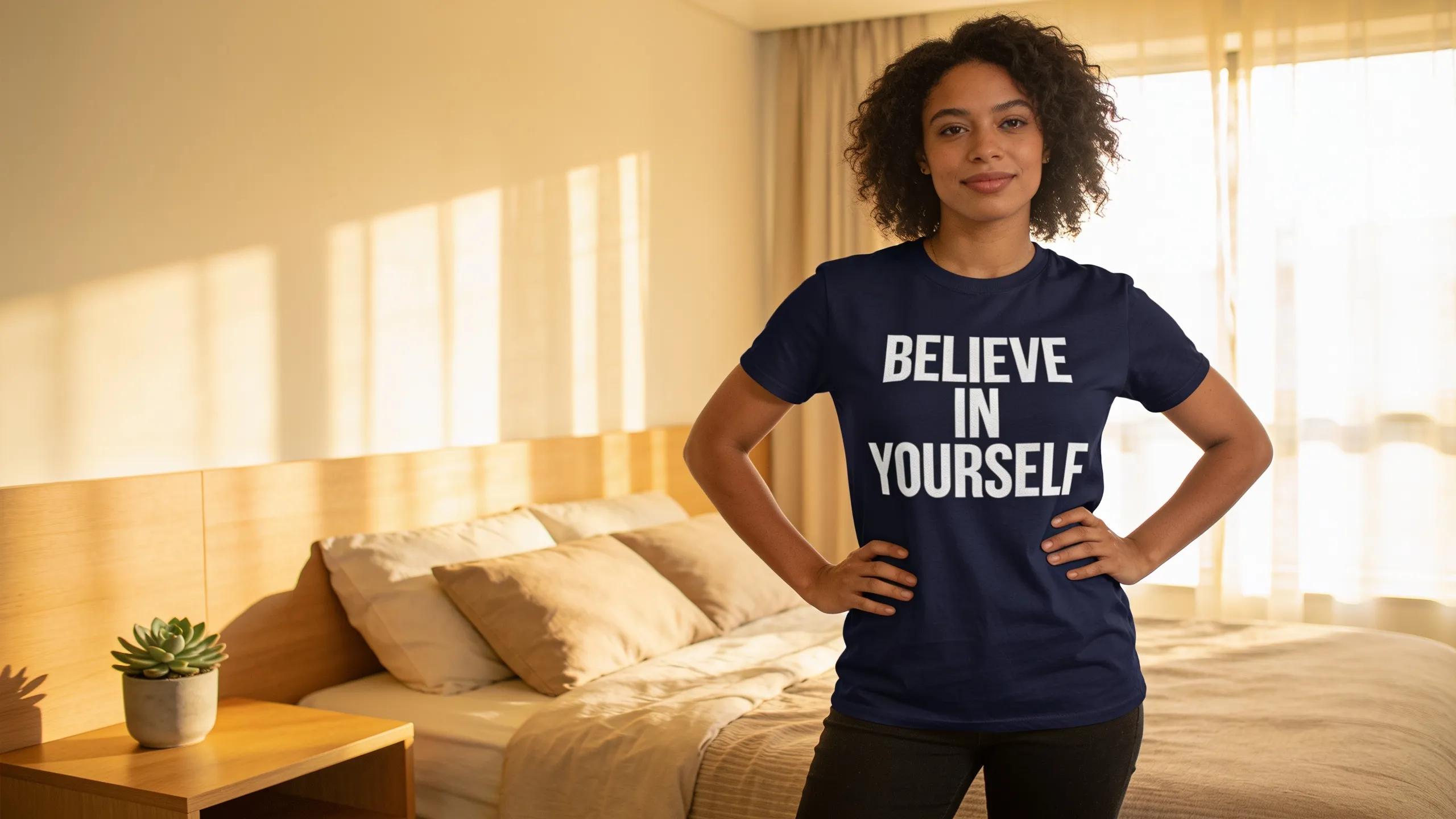 Individual confidently wearing a motivational t-shirt in a stylish bedroom, reflecting self-empowerment