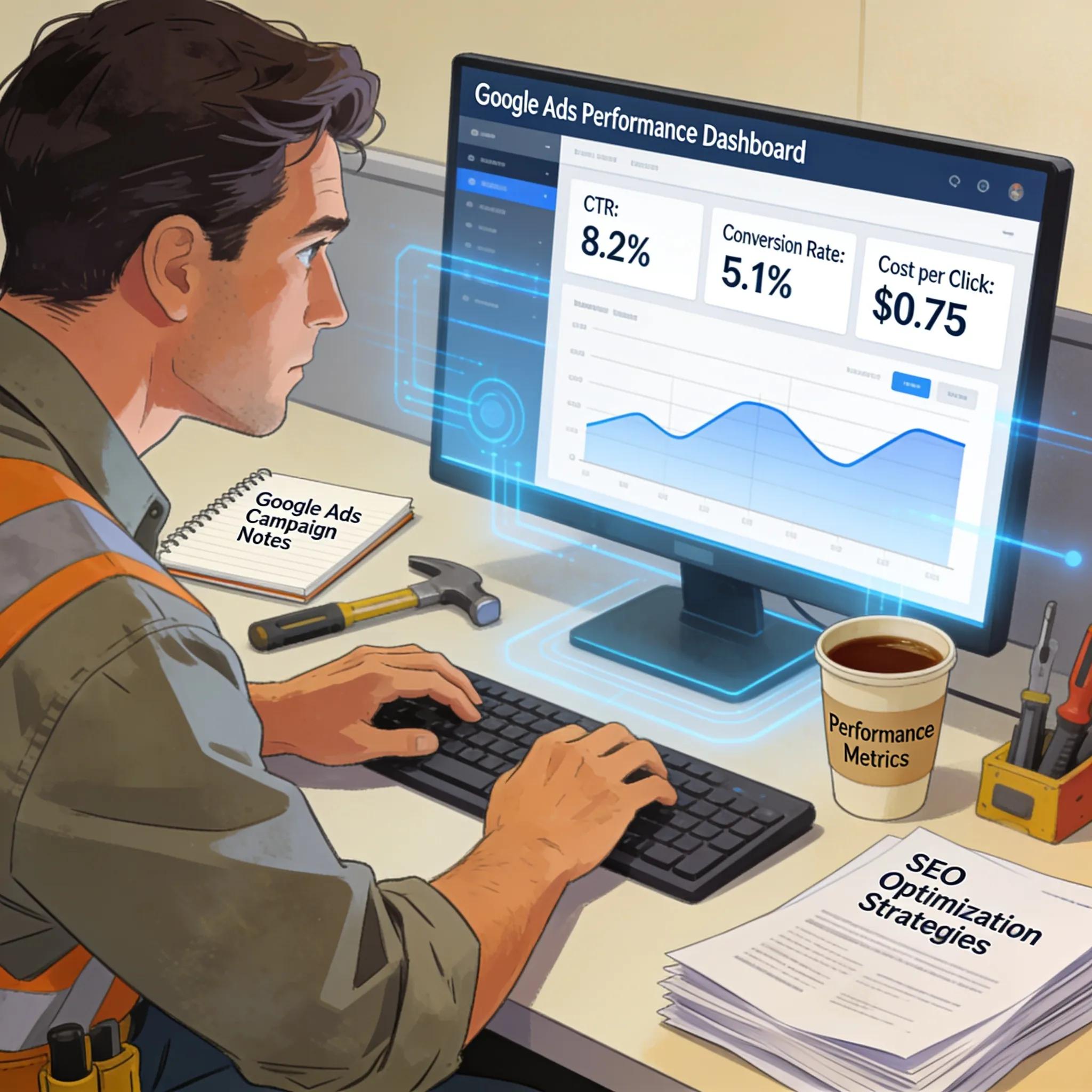 Contractor analyzing Google Ads campaign performance on a computer