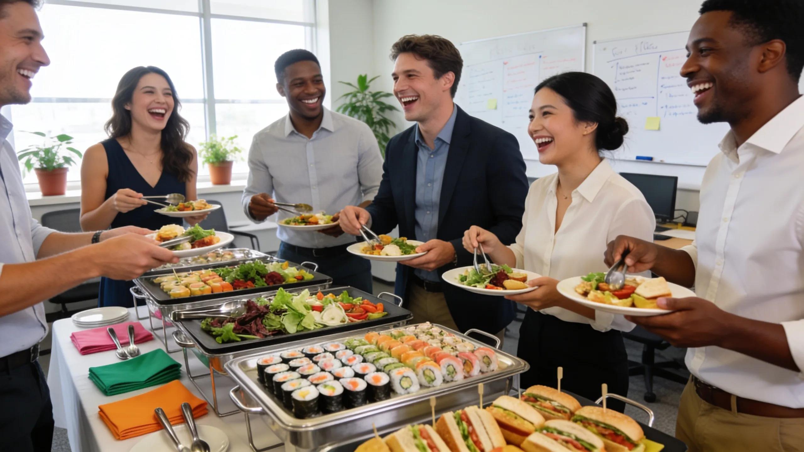 Corporate team enjoying gourmet lunch from catering service, highlighting stress-free dining experience
