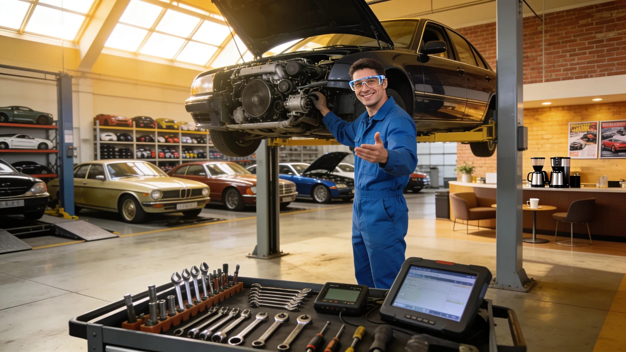 Mechanic working in a professional car repair shop surrounded by tools and vehicles