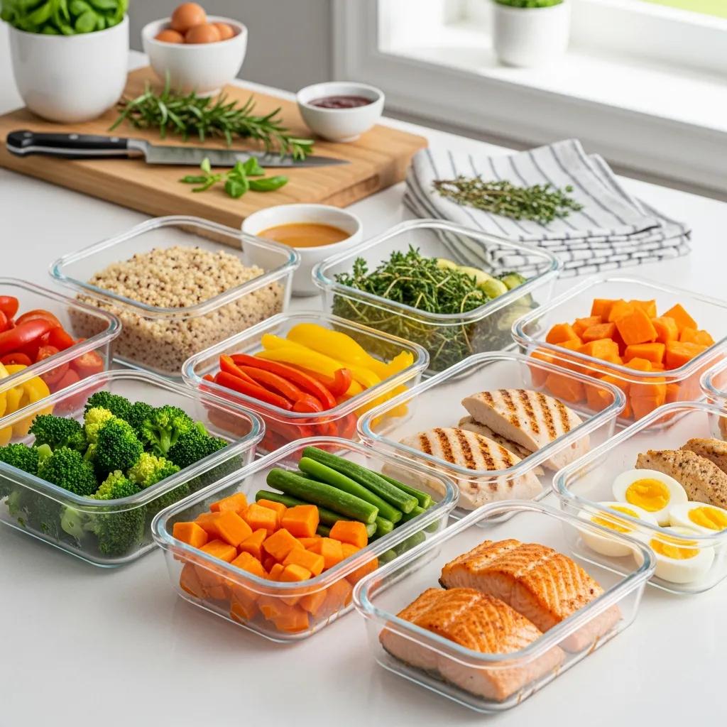 Efficient meal prep setup with containers of grains, vegetables, and proteins ready for quick dinners