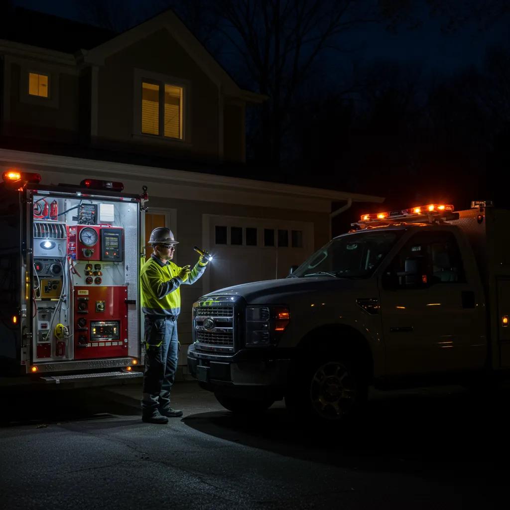 Electrician addressing an emergency electrical issue at night, showcasing prompt service and expertise