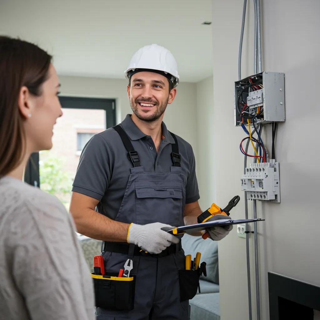 Electrician consulting with homeowner about electrical installations in a modern home