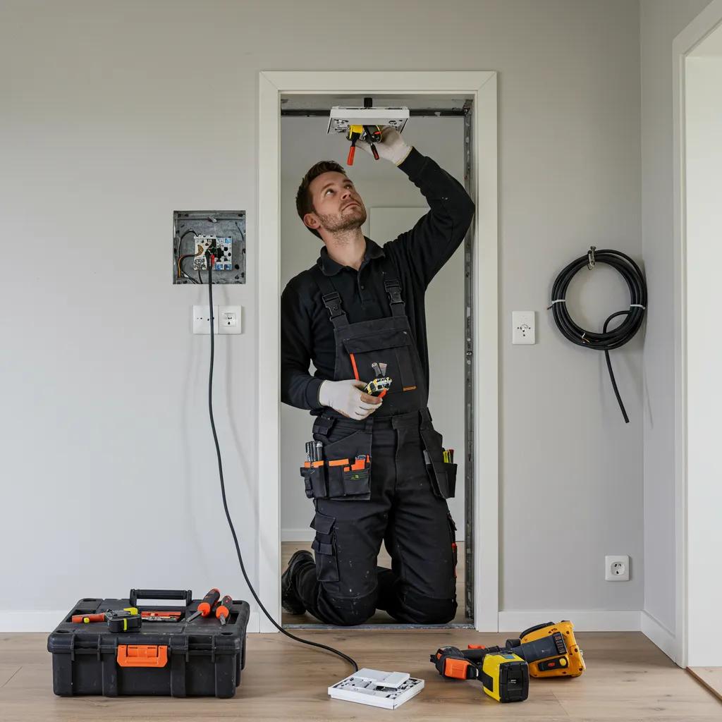Electrician in Göteborg installing a light fixture in a modern home, showcasing professionalism and safety