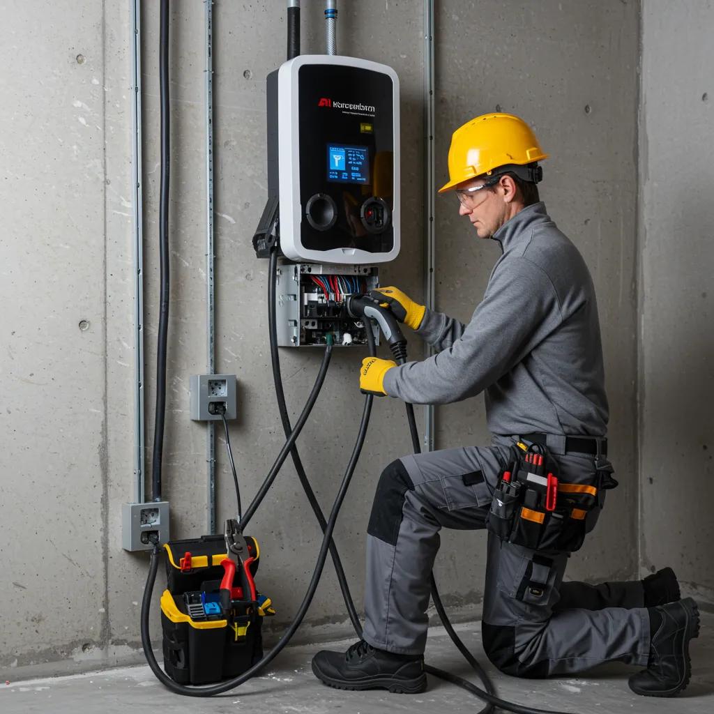 Electrician installing a charging station for an electric vehicle in a Gothenburg garage, highlighting professional service Electrician installing a charging station for an electric vehicle in a Gothenburg garage, highlighting professional service