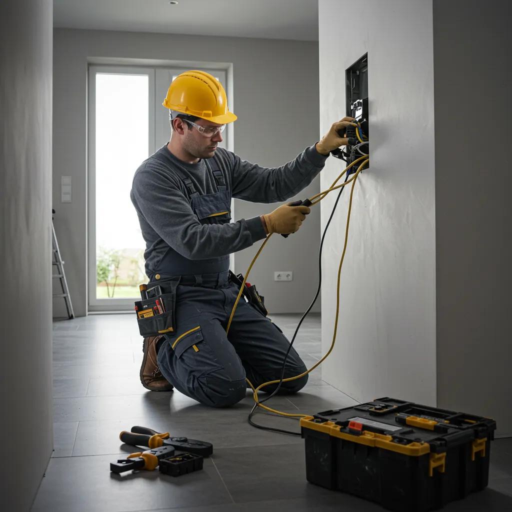 Electrician expertly installing residential electrical wiring in a modern home Electrician expertly installing residential electrical wiring in a modern home