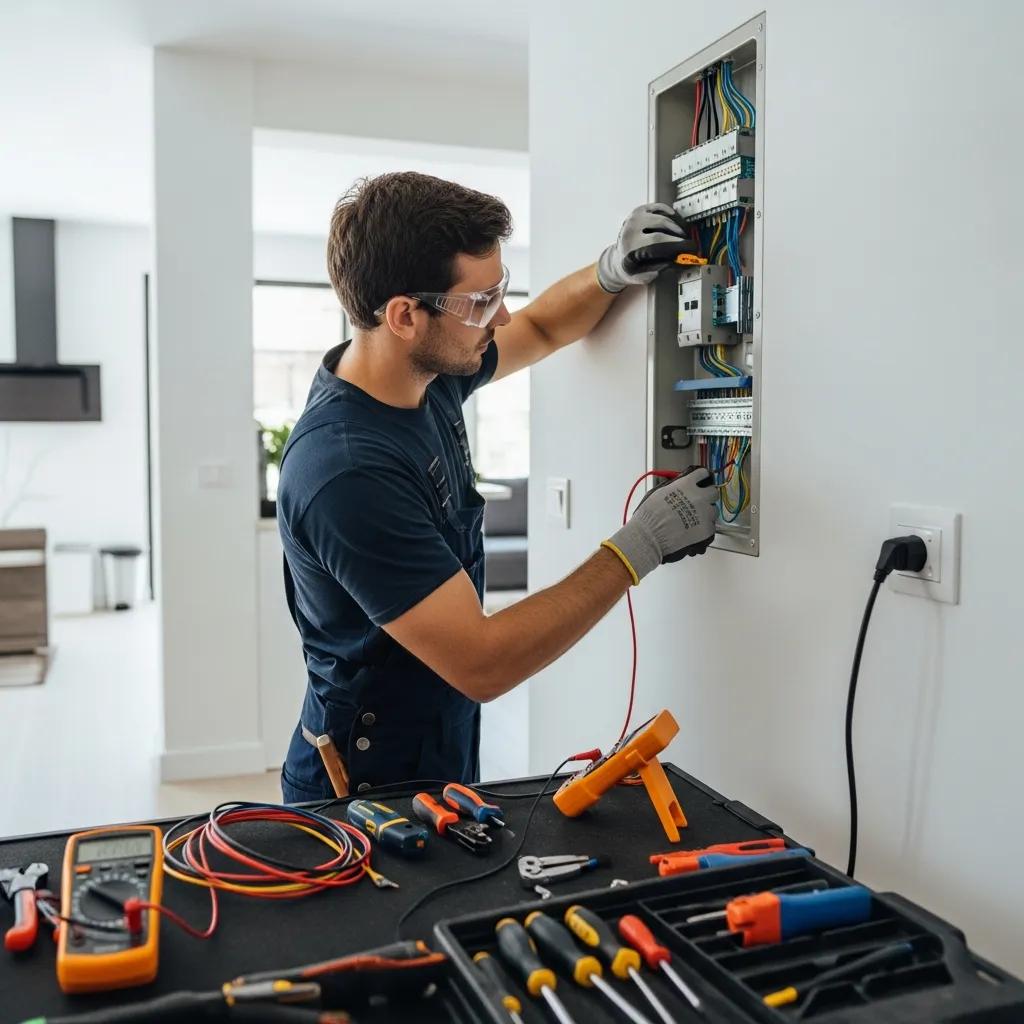Electrician repairing a home's wiring, image for local SEO tips for electricians