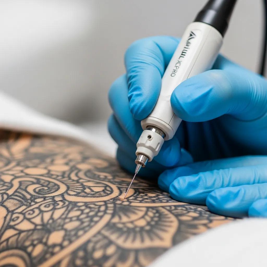 Electrologist using an Apilus Xcell Pro device for precise electrolysis on tattooed skin